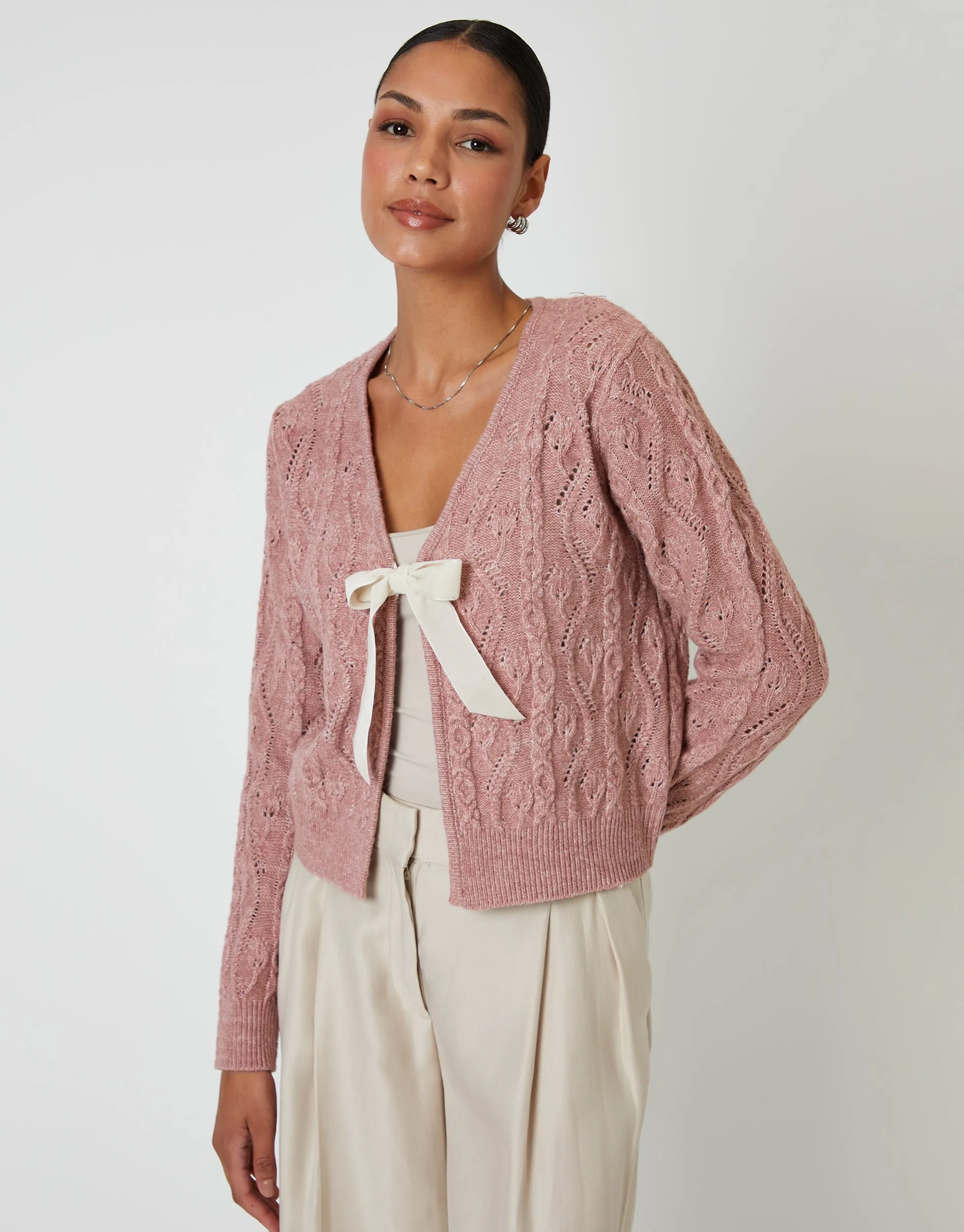 Pink Cable Knit Velvet Bow Detail Cardigan sold by Threadbare product image thumbnail 2