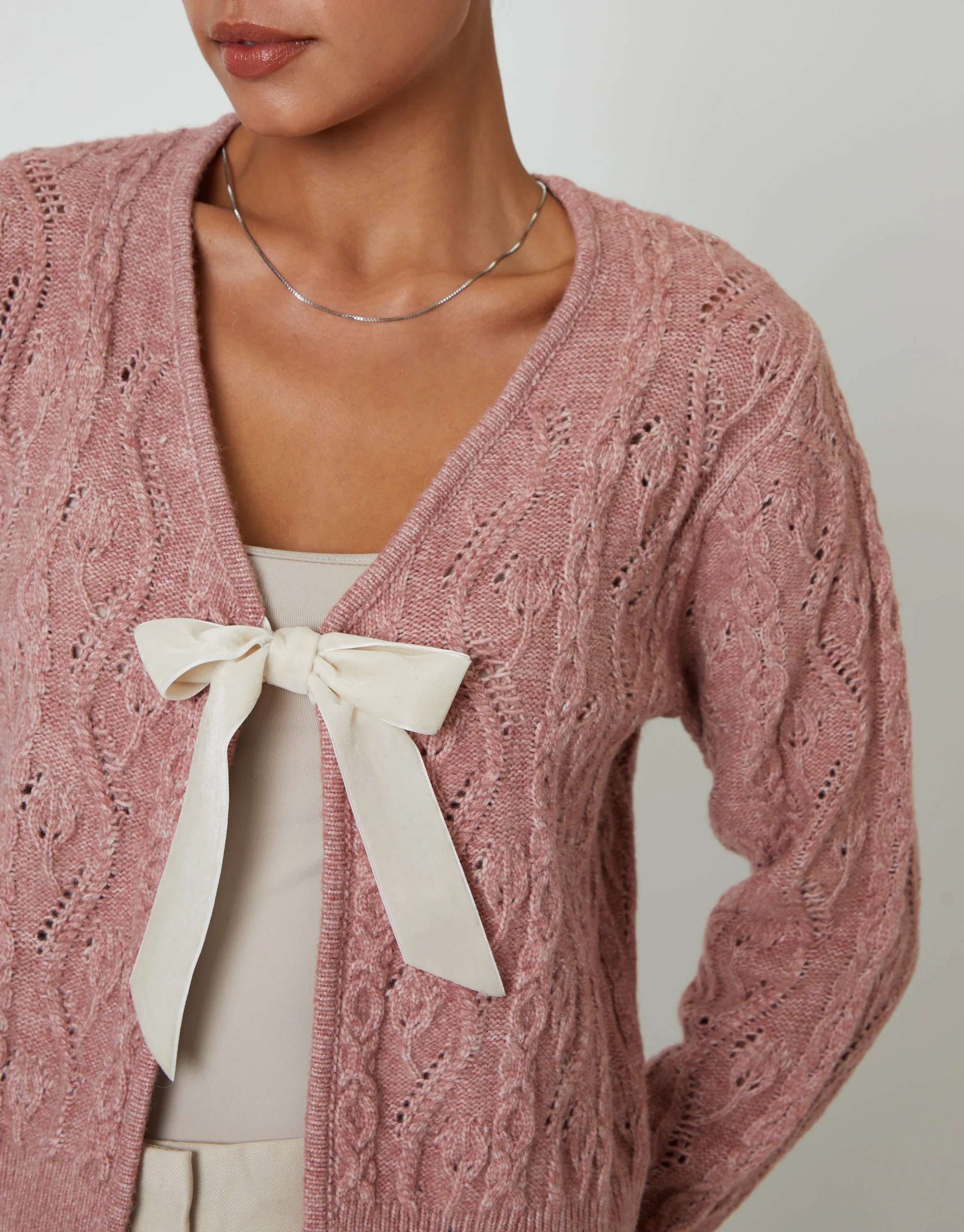 Pink Cable Knit Velvet Bow Detail Cardigan sold by Threadbare product image thumbnail 5