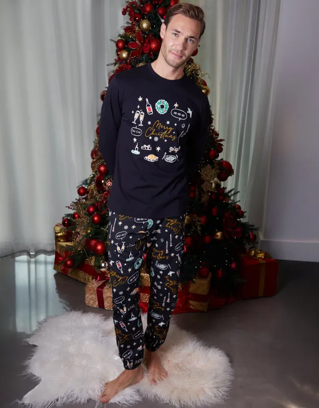 Black Christmas Print Long Pyjamas (2-Piece Set) sold by Threadbare