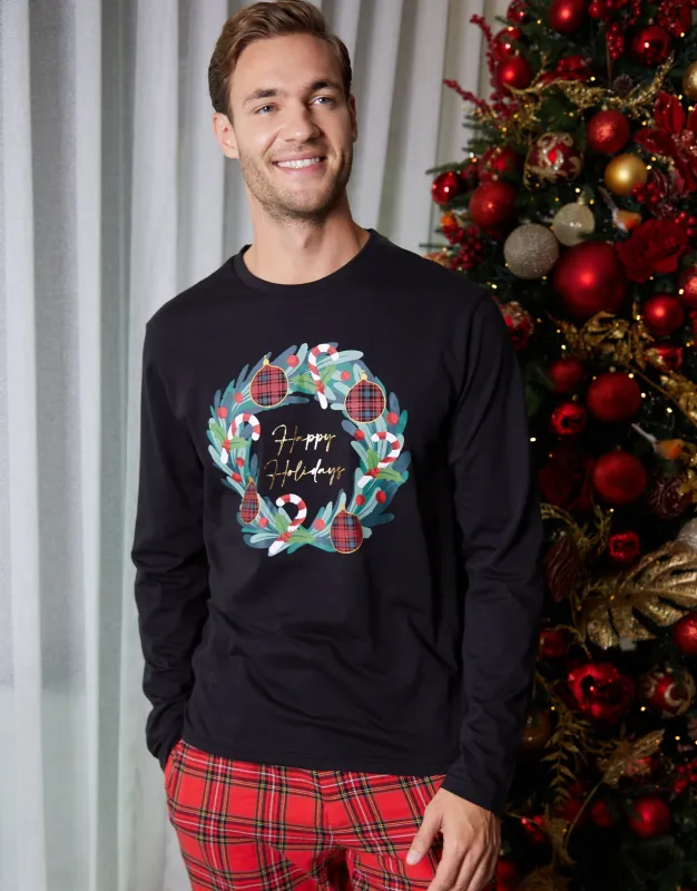 Black Christmas Wreath Long Pyjamas (2-Piece Set) sold by Threadbare