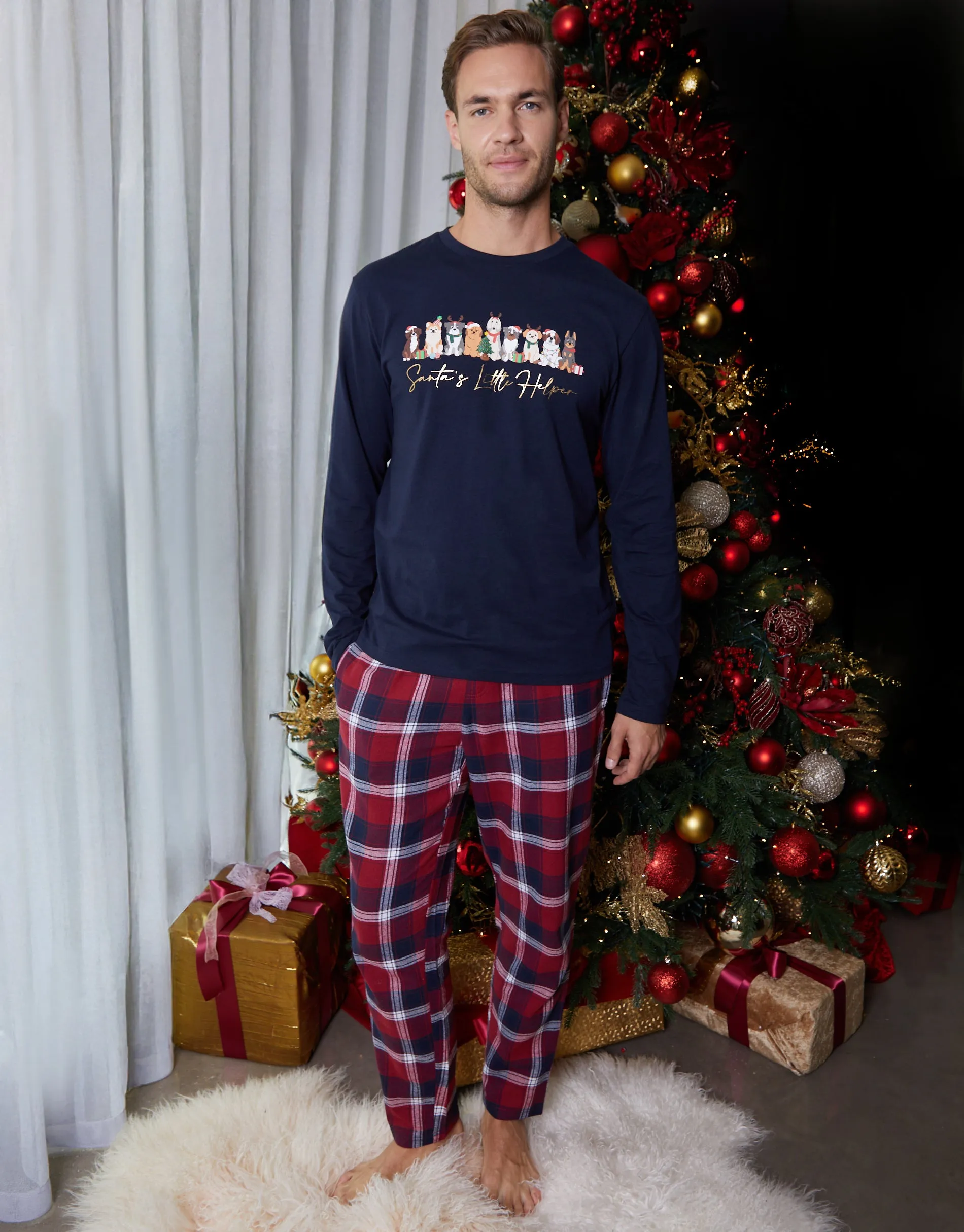 Navy Christmas Dog Graphic Print Long Pyjamas (2-Piece Set) sold by Threadbare