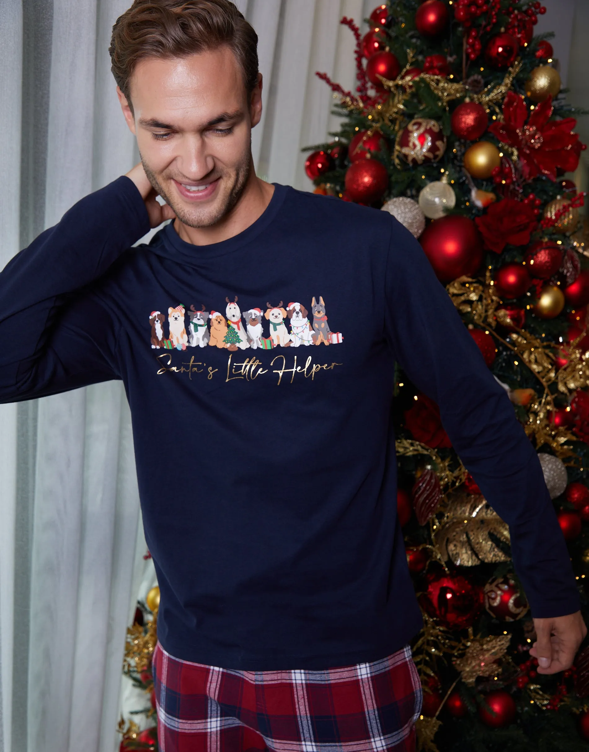 Navy Christmas Dog Graphic Print Long Pyjamas (2-Piece Set) sold by Threadbare product image thumbnail 3