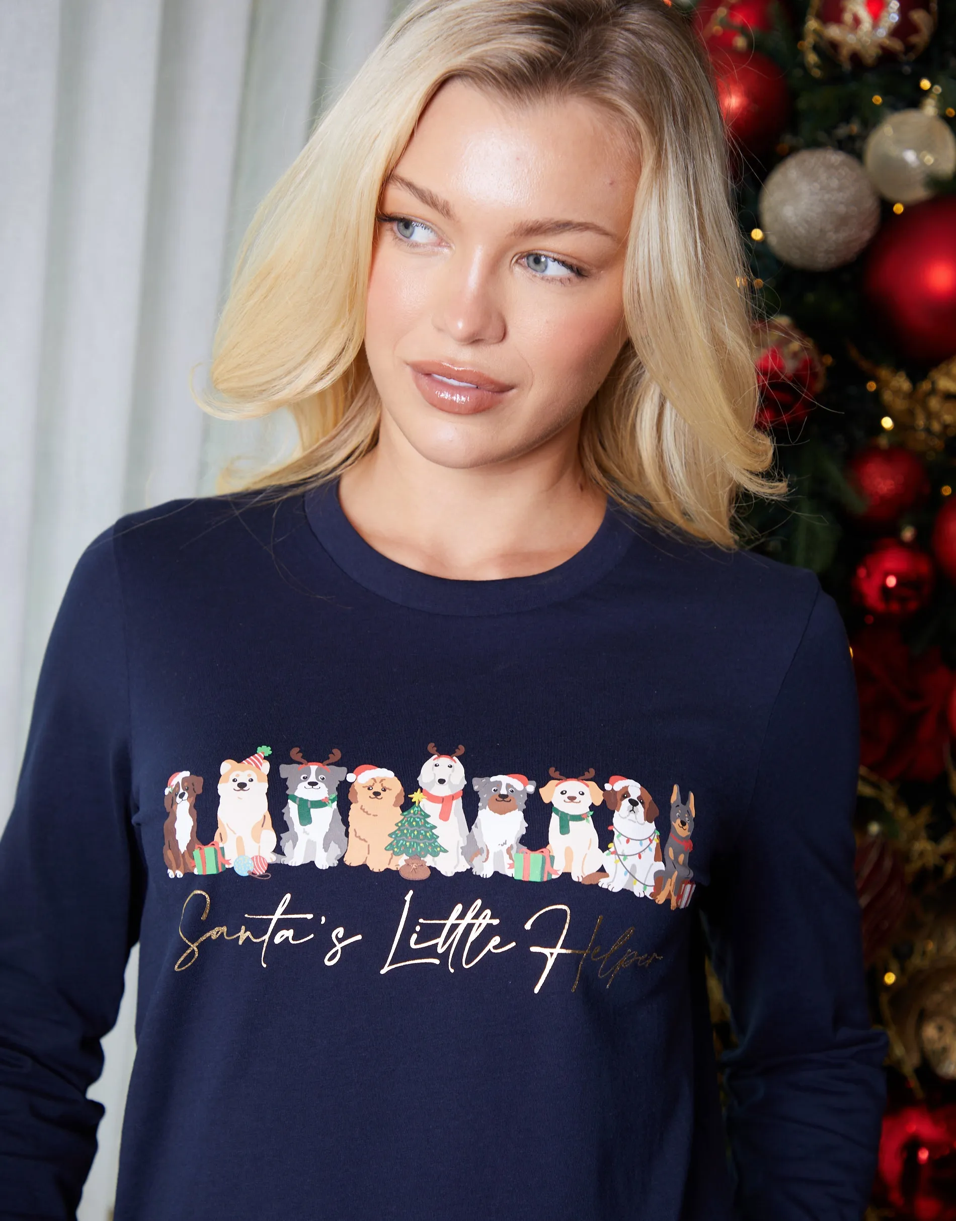 Navy Christmas Dog Graphic Print Long Pyjamas (2-Piece Set) sold by Threadbare product image thumbnail 3