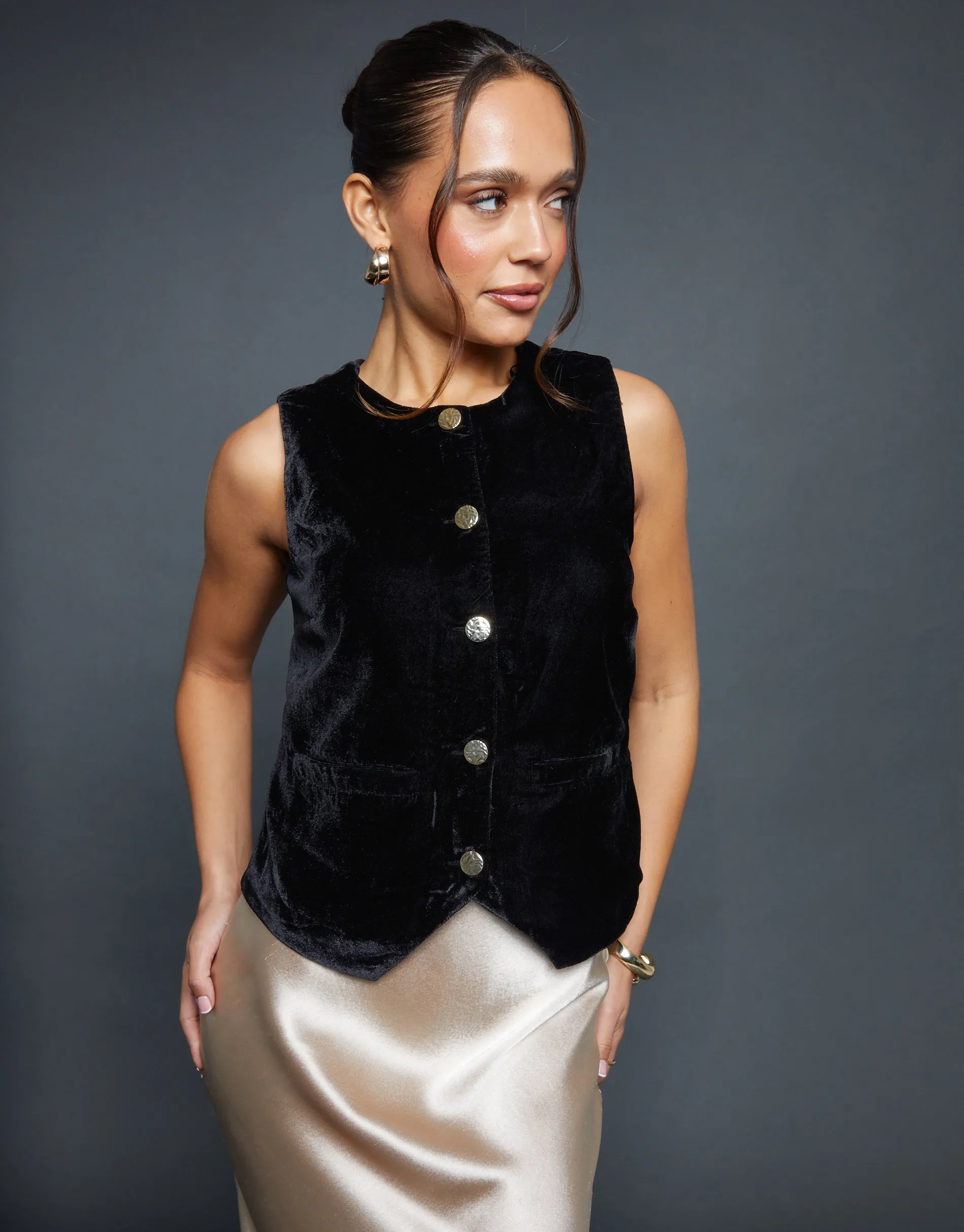 Black Velvet Split Front Waistcoat sold by Threadbare product image thumbnail 3