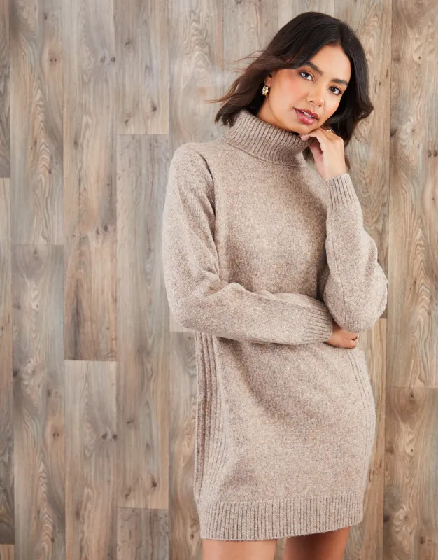 Beige Roll Neck Knitted Mini Dress sold by Threadbare