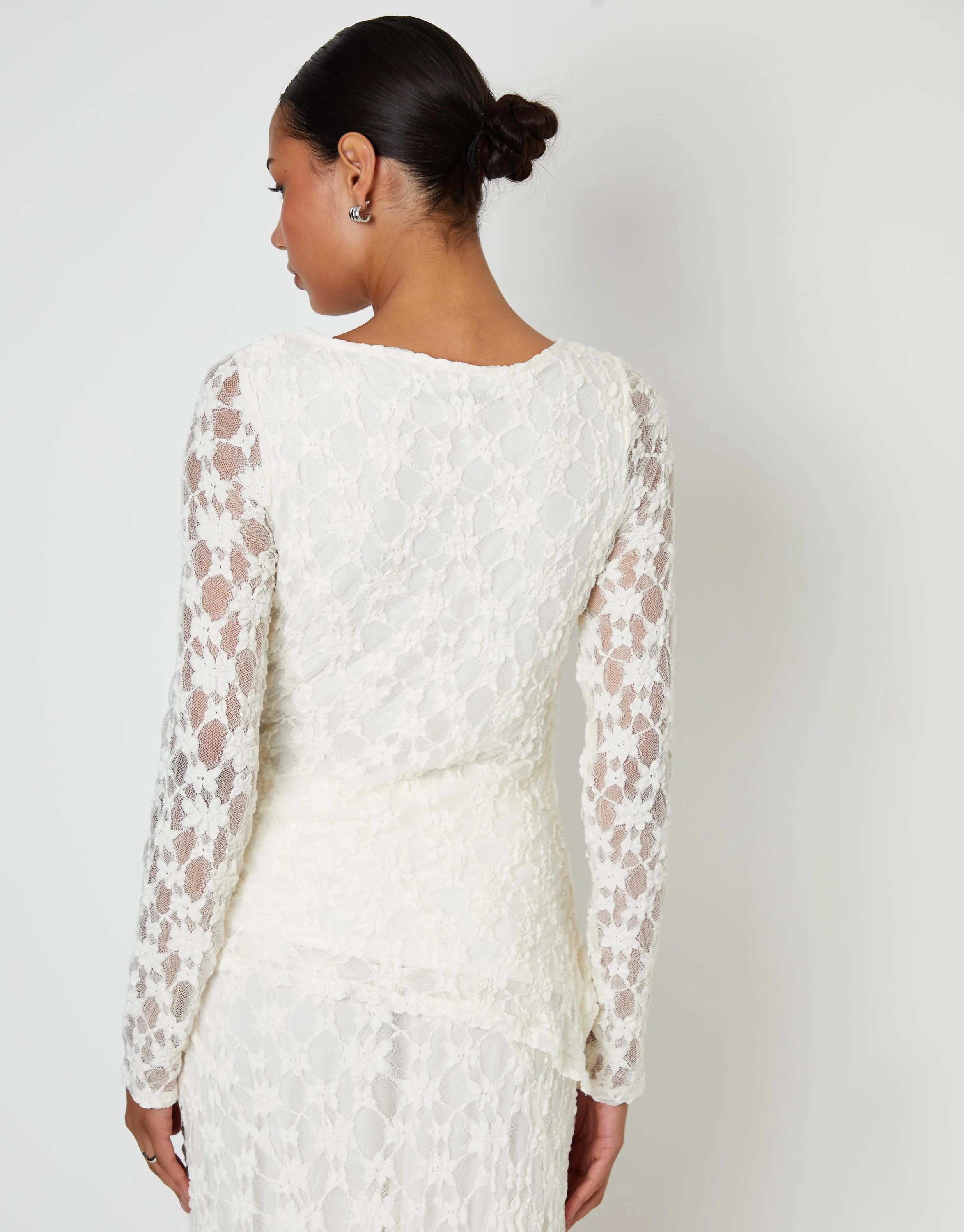 Long Sleeve Asymmetric Lace Slash Neck Top in White sold by Threadbare product image thumbnail 4