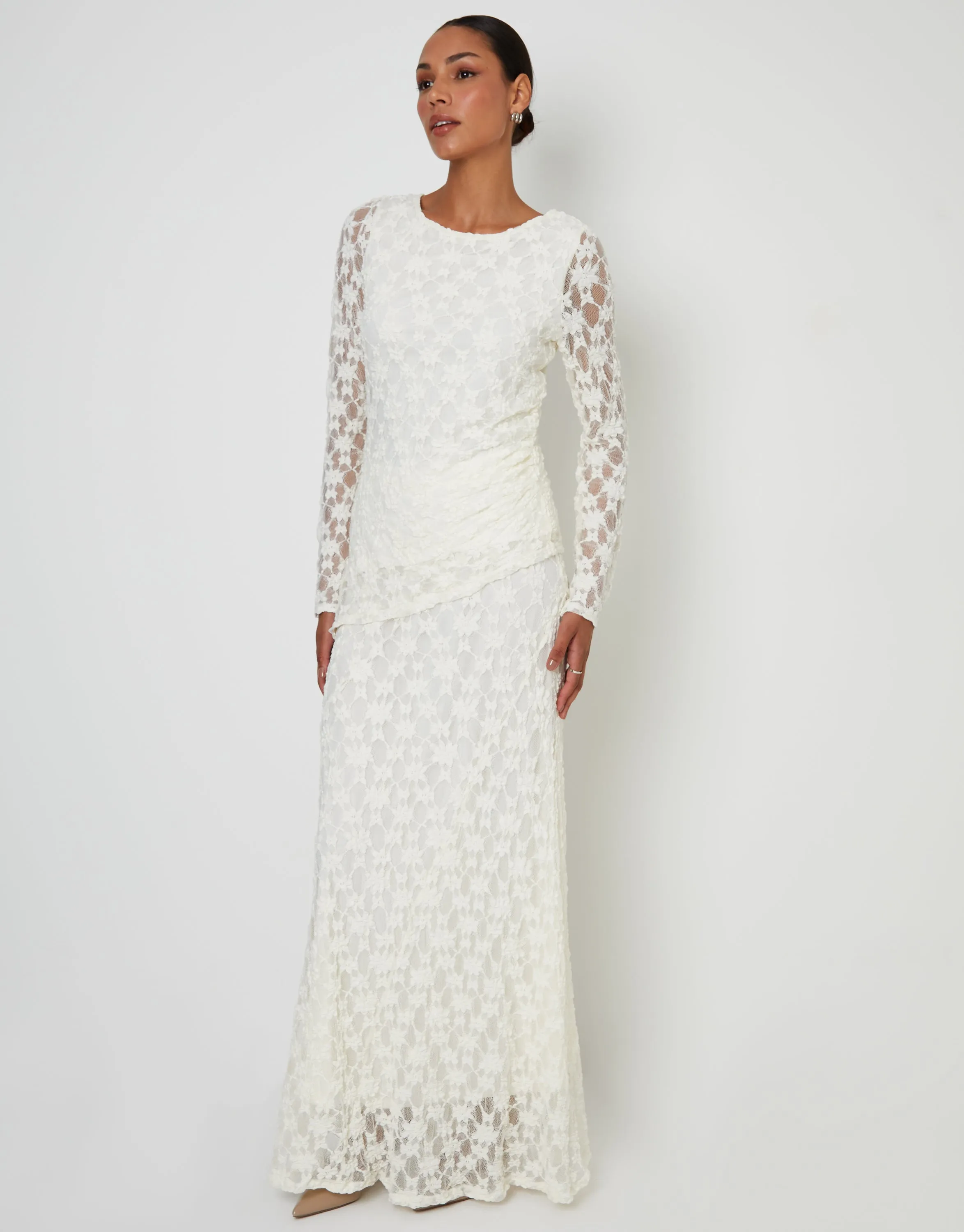 Long Sleeve Asymmetric Lace Slash Neck Top in White sold by Threadbare product image thumbnail 5