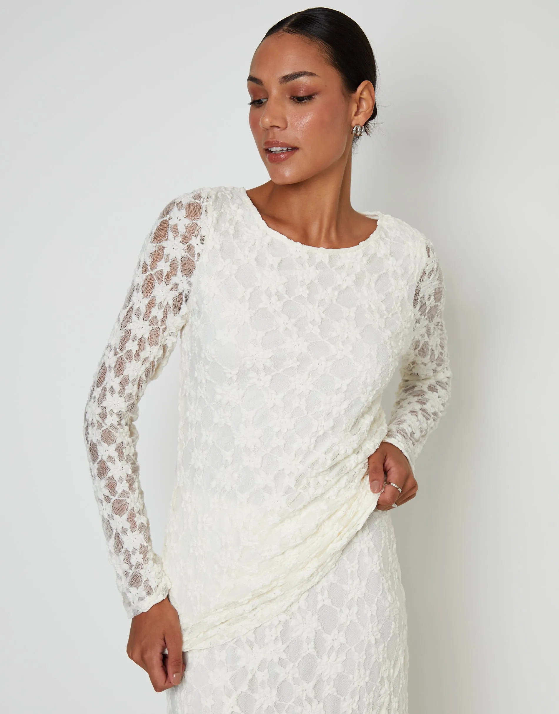 Long Sleeve Asymmetric Lace Slash Neck Top in White sold by Threadbare product image thumbnail 3