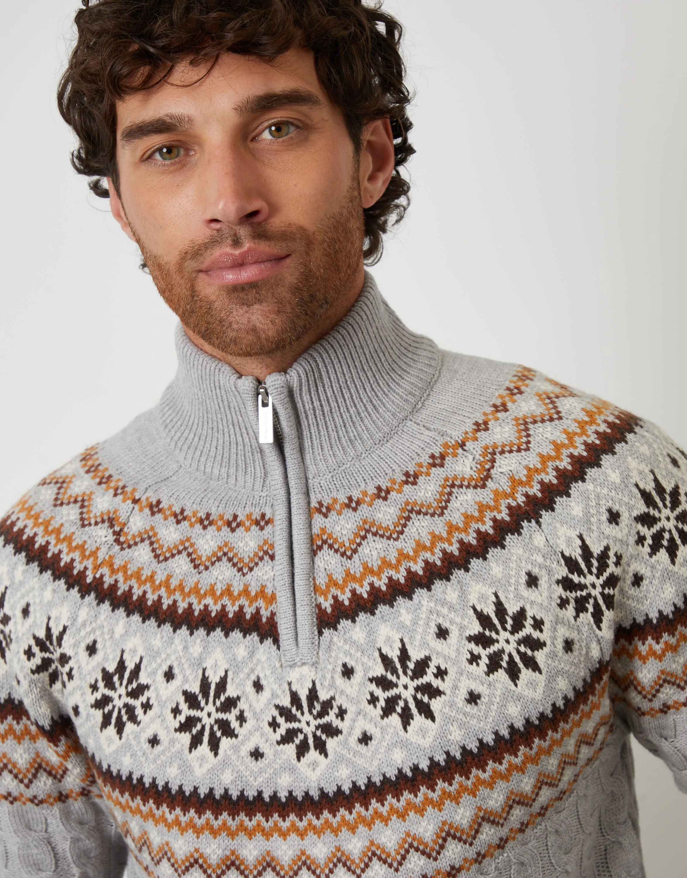 Grey Fairisle Cable Knit Quarter Zip Jumper sold by Threadbare product image thumbnail 5