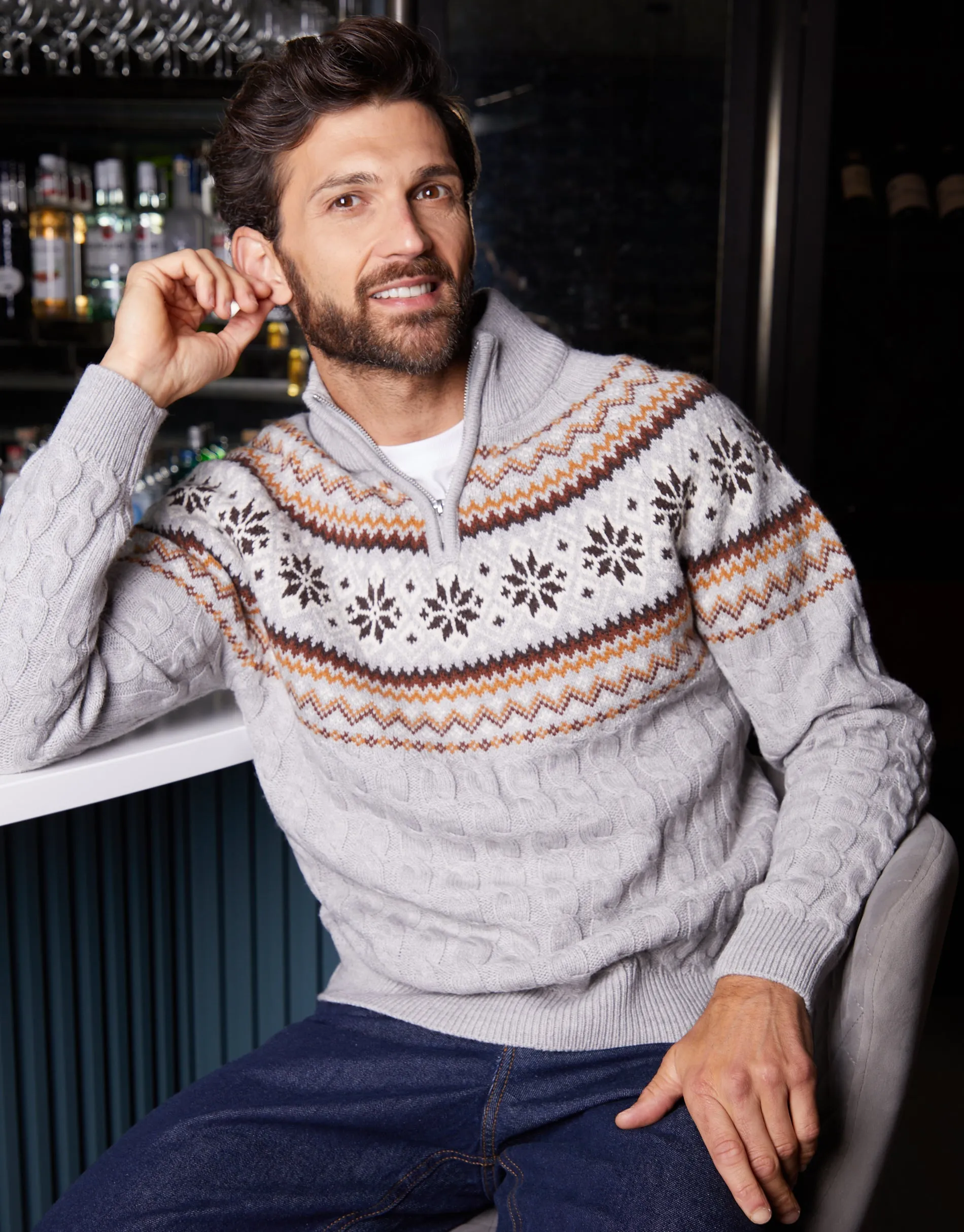 Grey Fairisle Cable Knit Quarter Zip Jumper sold by Threadbare