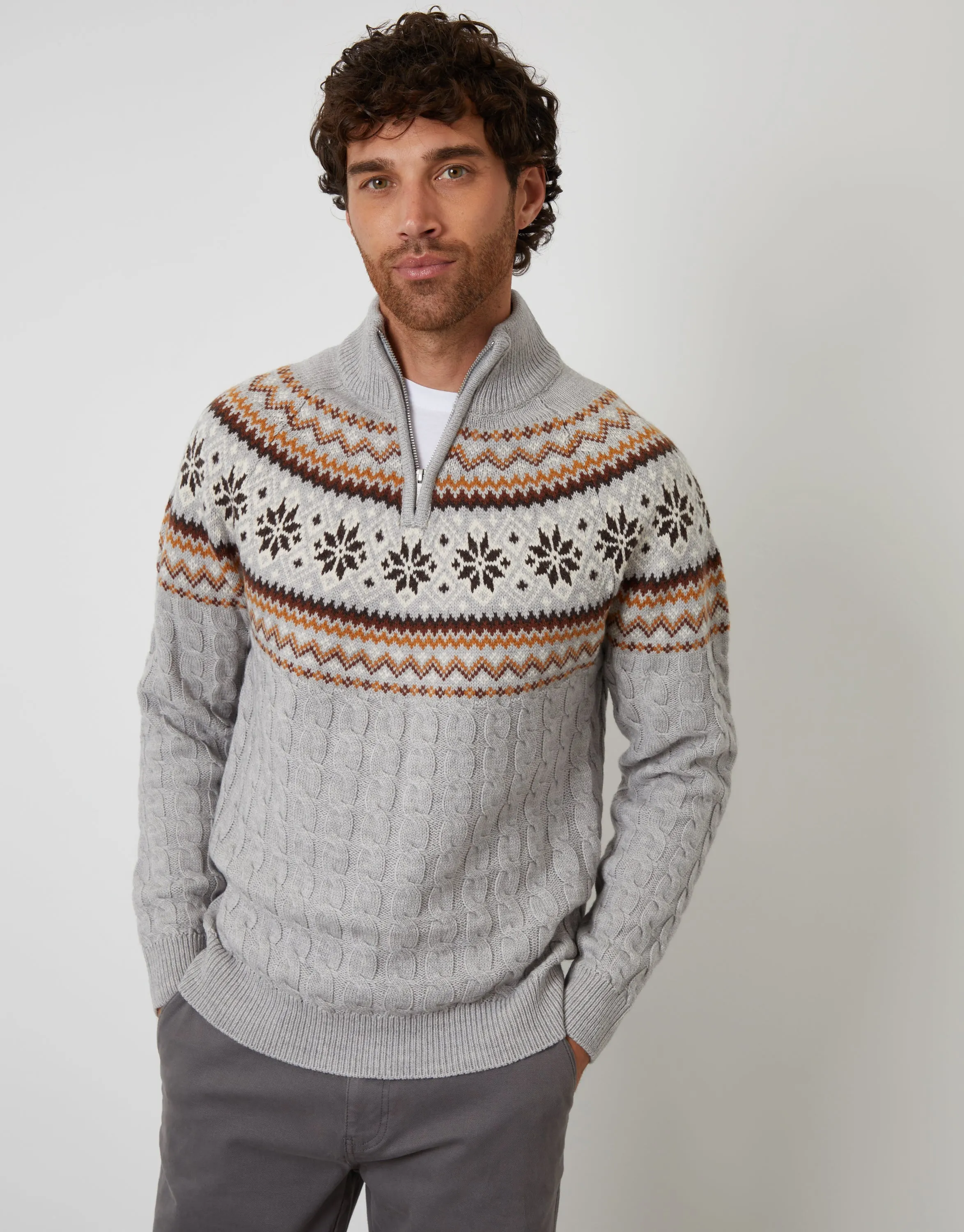 Grey Fairisle Cable Knit Quarter Zip Jumper sold by Threadbare product image thumbnail 2