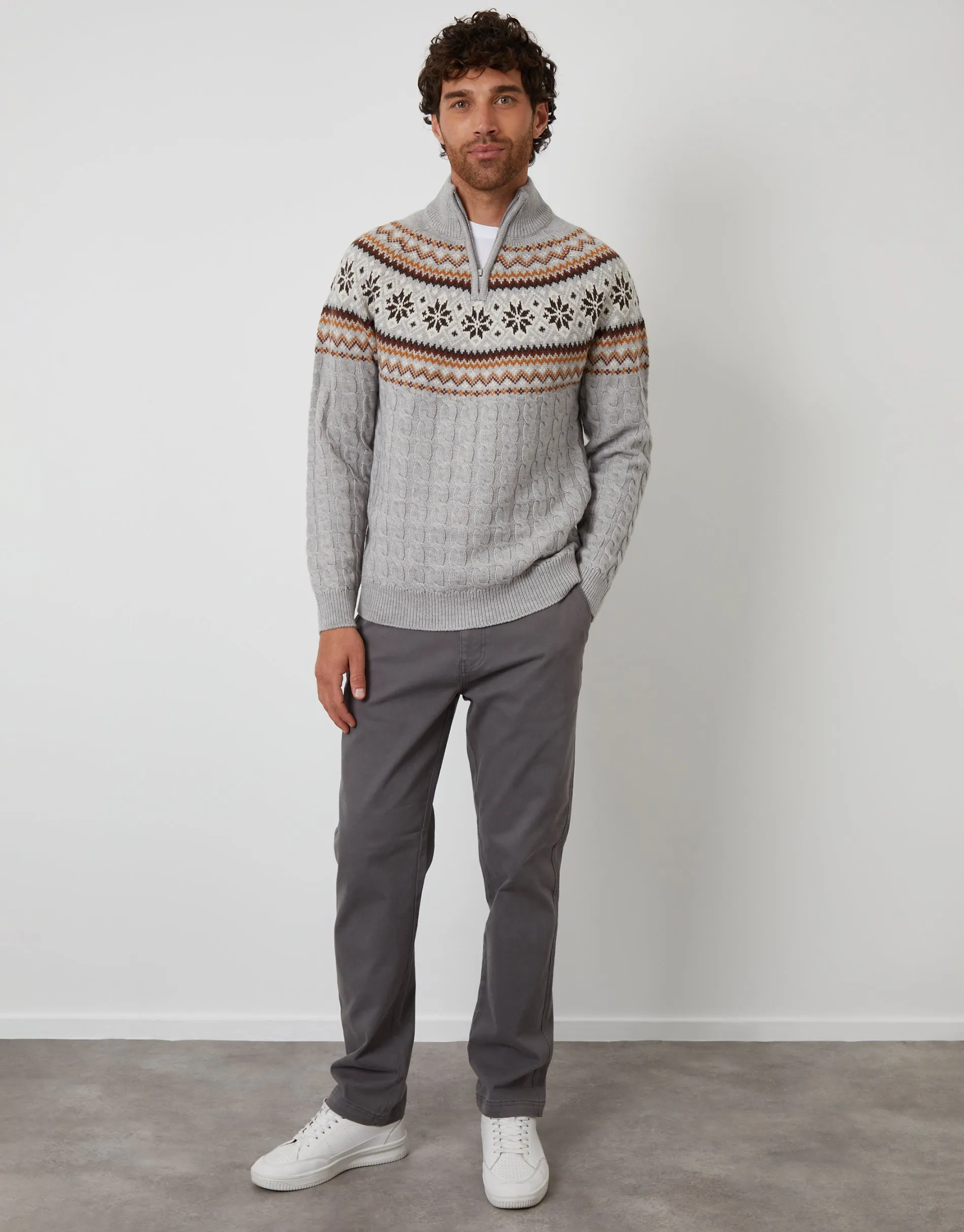 Grey Fairisle Cable Knit Quarter Zip Jumper sold by Threadbare product image thumbnail 4