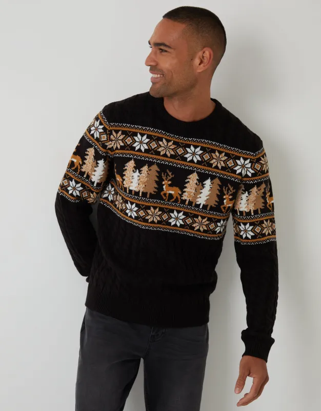 Black Cable Knit Fairisle Crew Neck Christmas Jumper sold by Threadbare