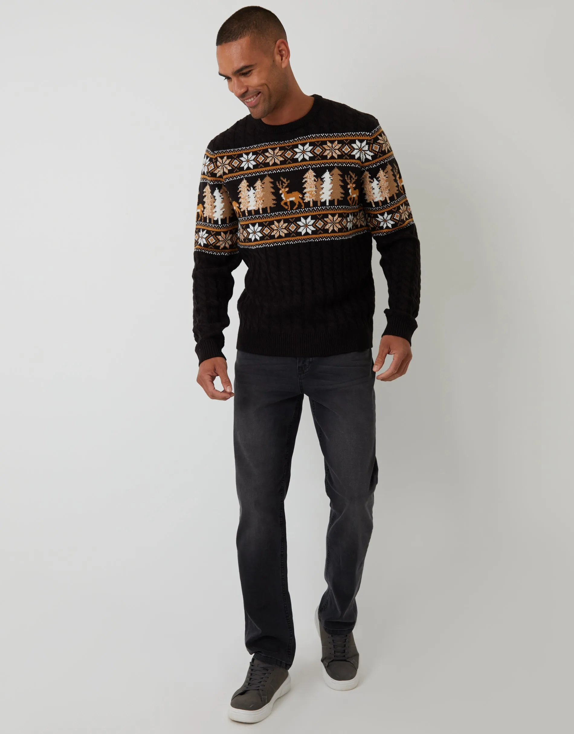 Black Cable Knit Fairisle Crew Neck Christmas Jumper sold by Threadbare product image thumbnail 3