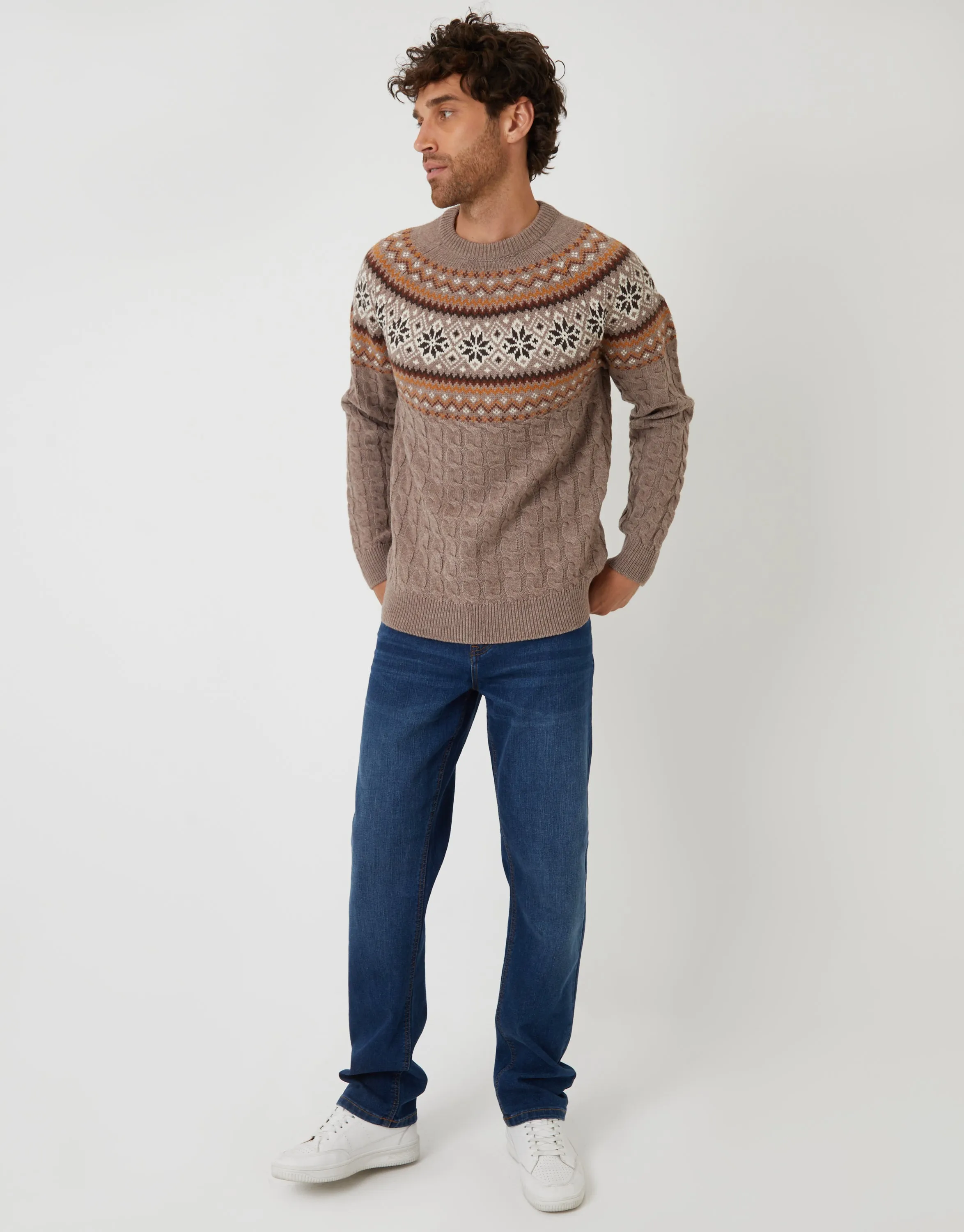 Taupe Cable Knit Fairisle Crew Neck Christmas Jumper sold by Threadbare product image thumbnail 3