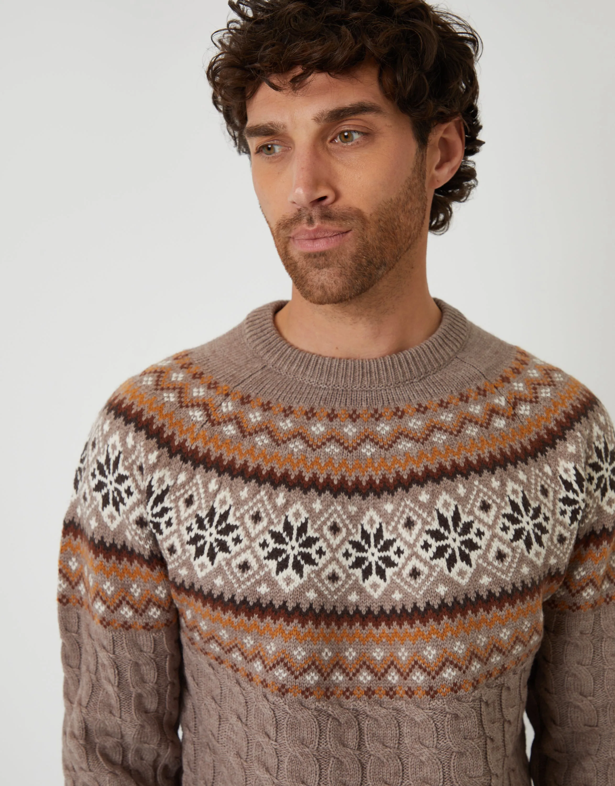 Taupe Cable Knit Fairisle Crew Neck Christmas Jumper sold by Threadbare product image thumbnail 4