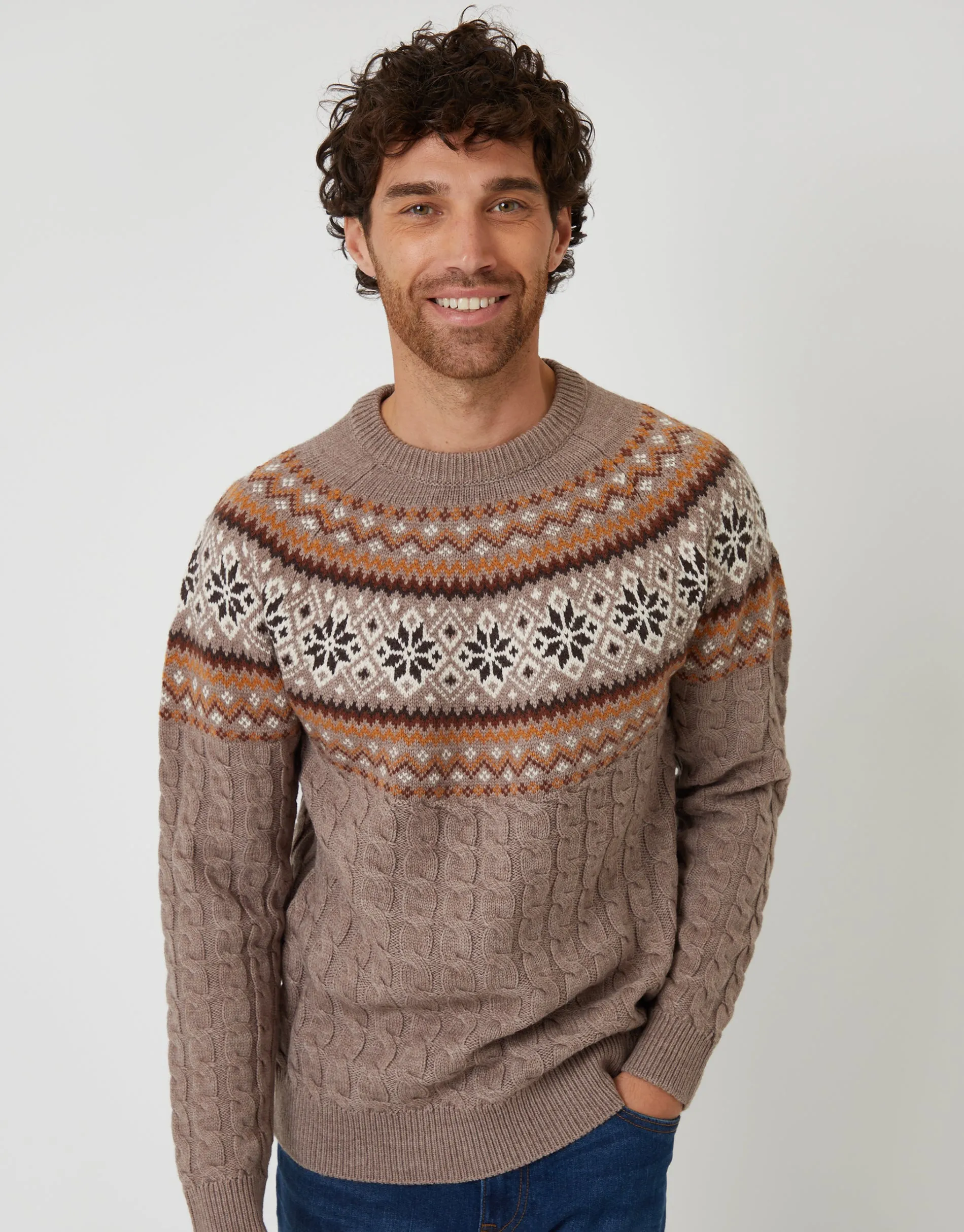 Taupe Cable Knit Fairisle Crew Neck Christmas Jumper sold by Threadbare