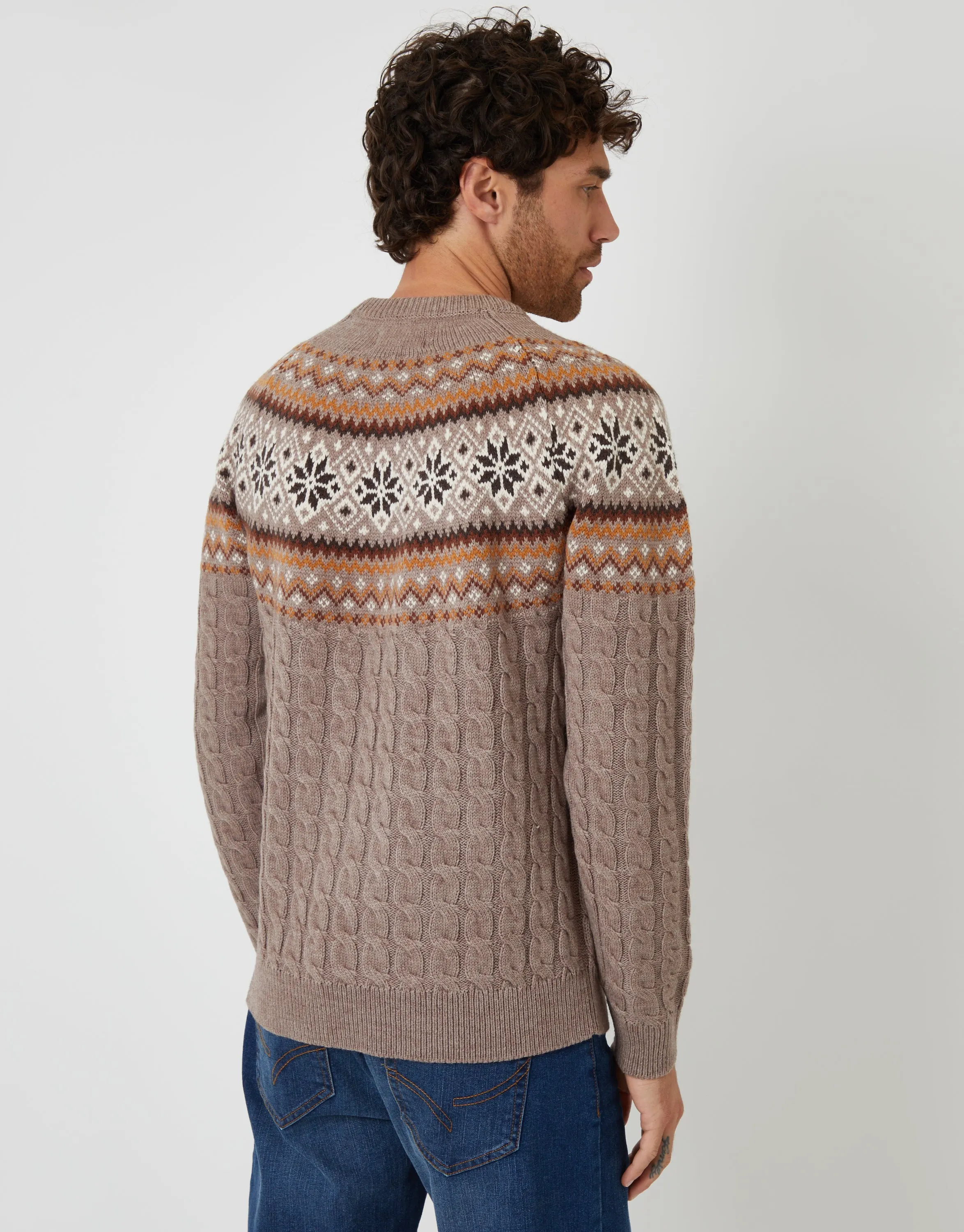 Taupe Cable Knit Fairisle Crew Neck Christmas Jumper sold by Threadbare product image thumbnail 2