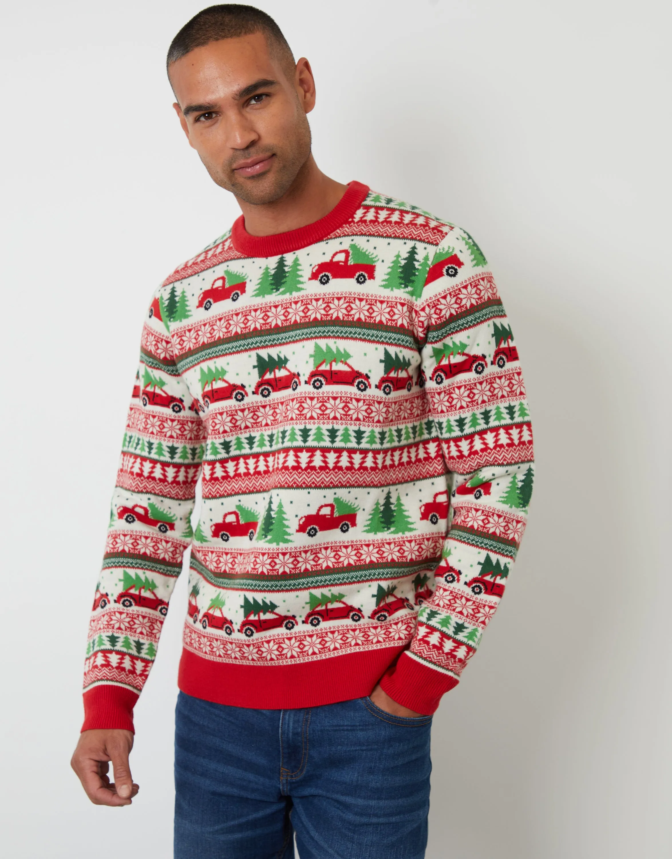 Red Christmas Car Fairisle Knitted Crew Neck Jumper sold by Threadbare product image thumbnail 2
