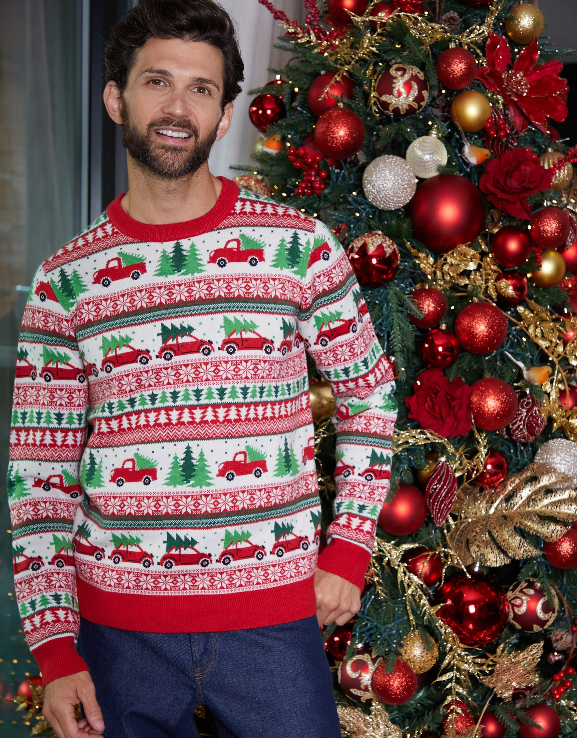 Red Christmas Car Fairisle Knitted Crew Neck Jumper sold by Threadbare