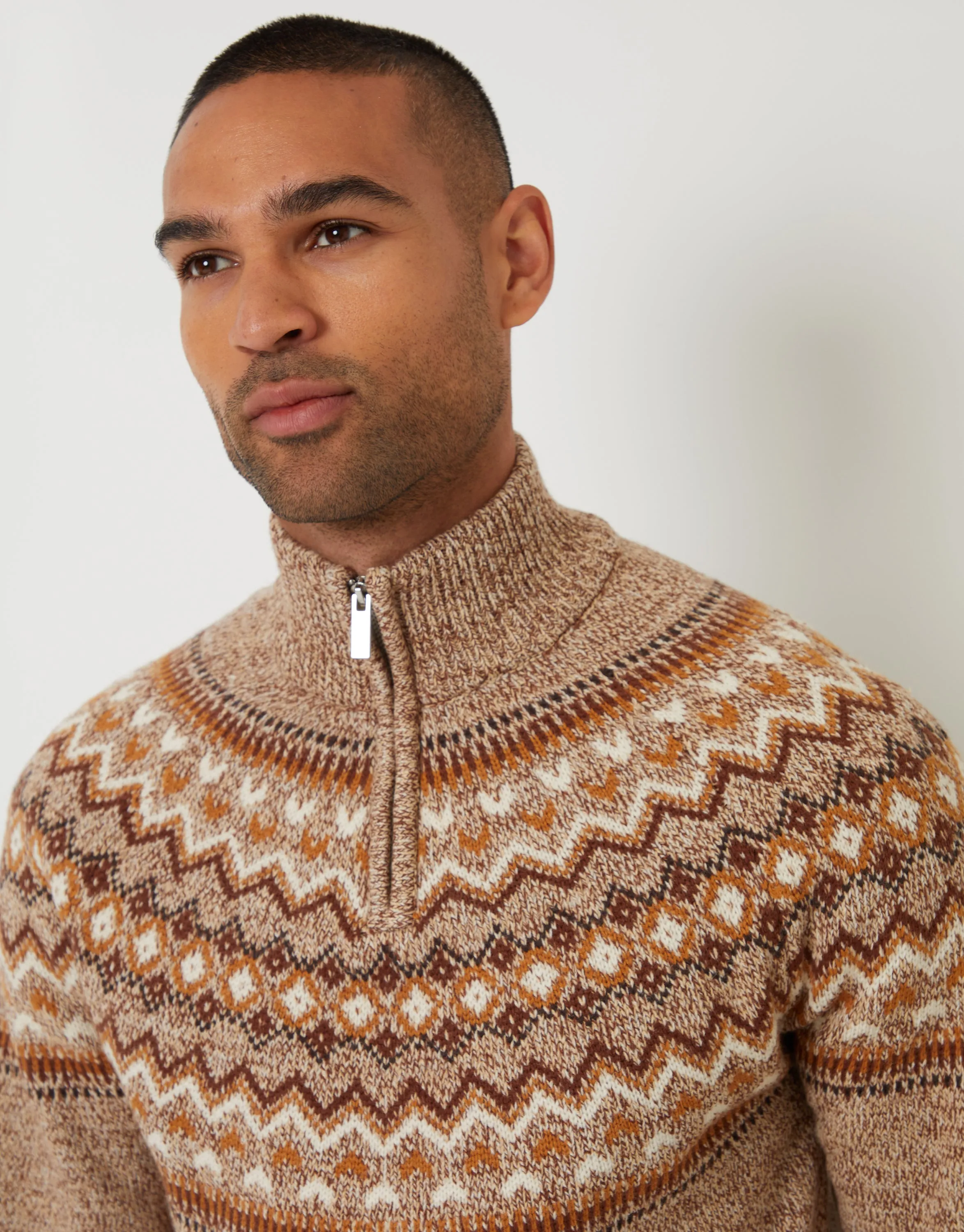 Taupe Fairisle Knitted Quarter Zip Jumper sold by Threadbare product image thumbnail 5