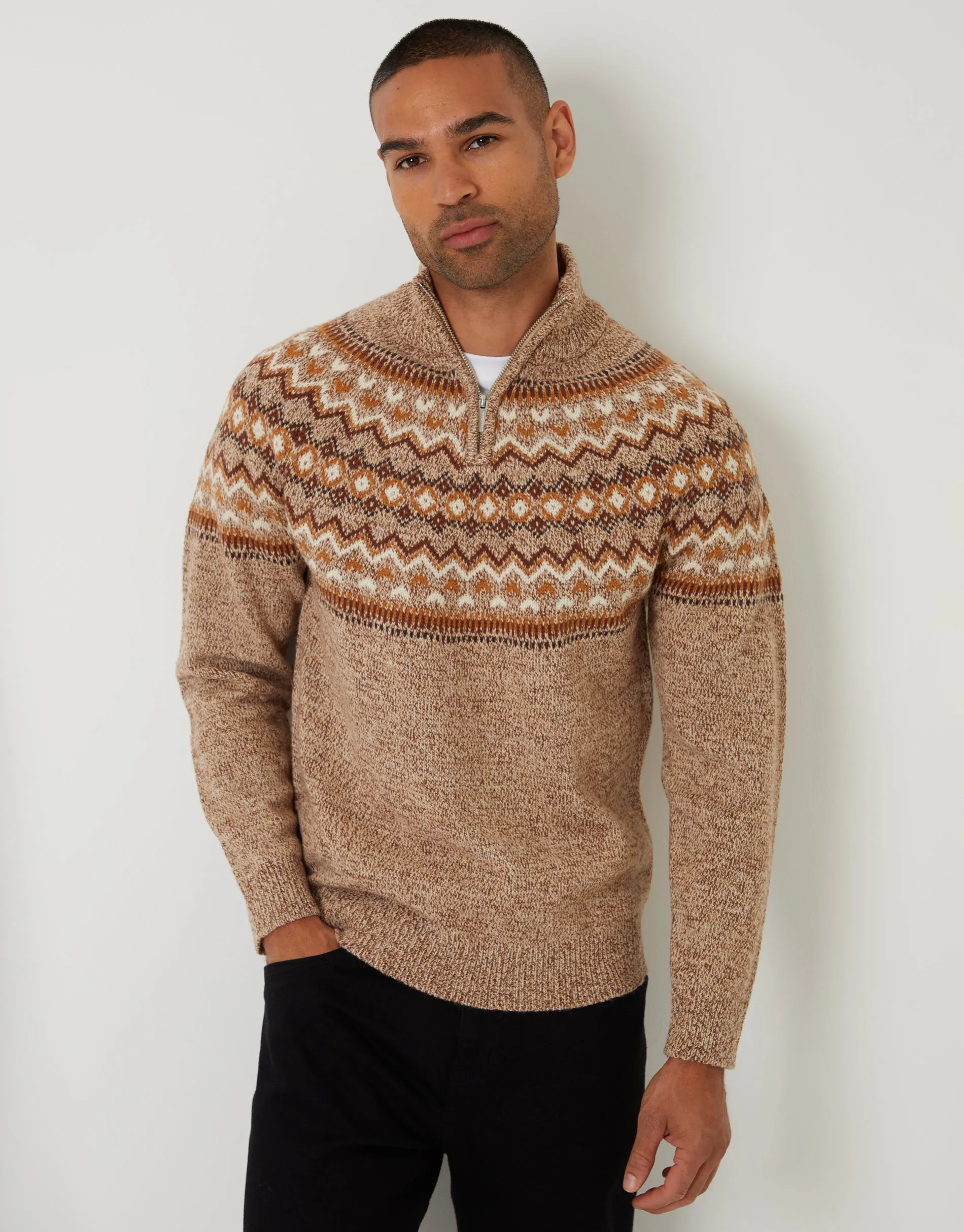 Taupe Fairisle Knitted Quarter Zip Jumper sold by Threadbare product image thumbnail 2