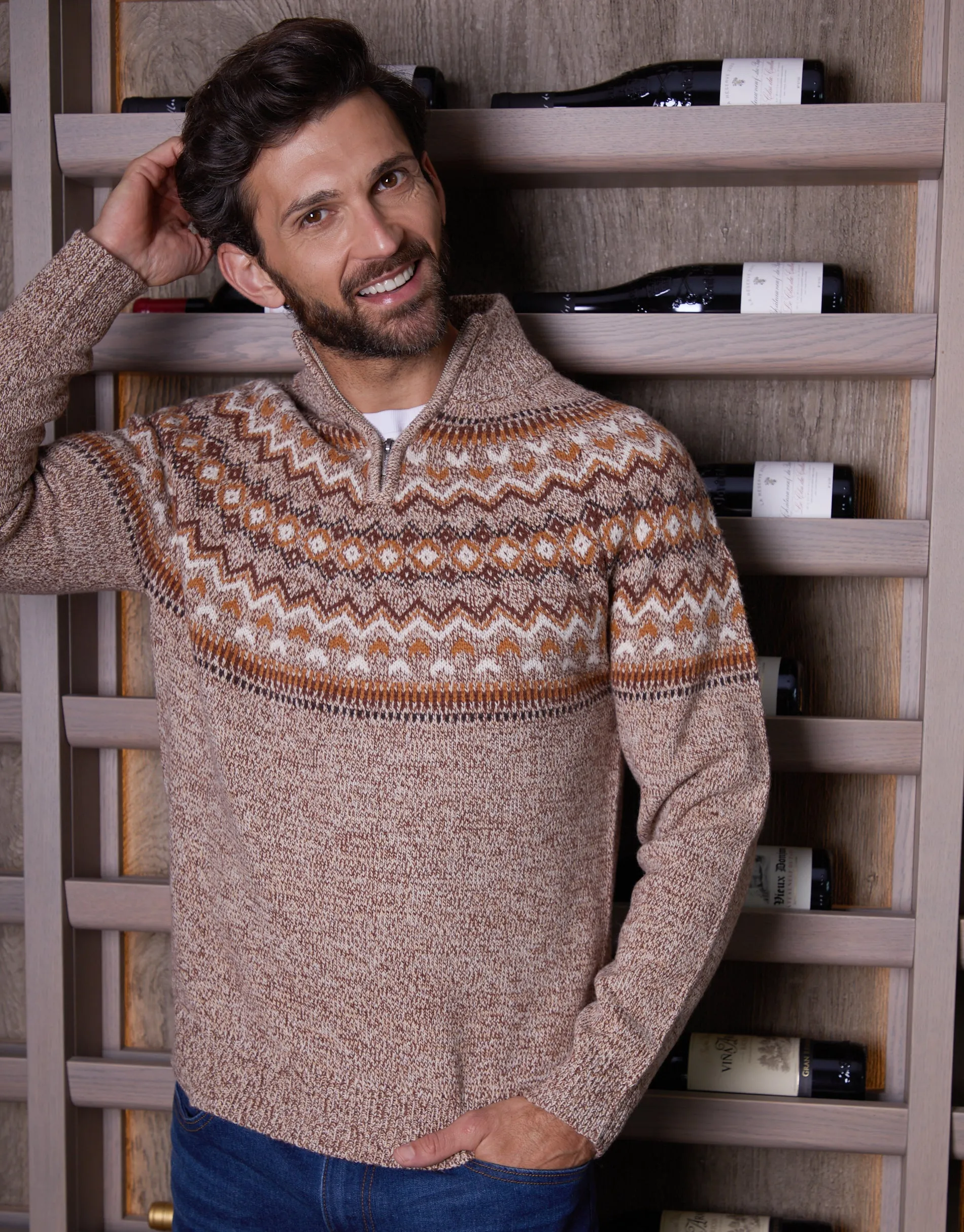Taupe Fairisle Knitted Quarter Zip Jumper sold by Threadbare