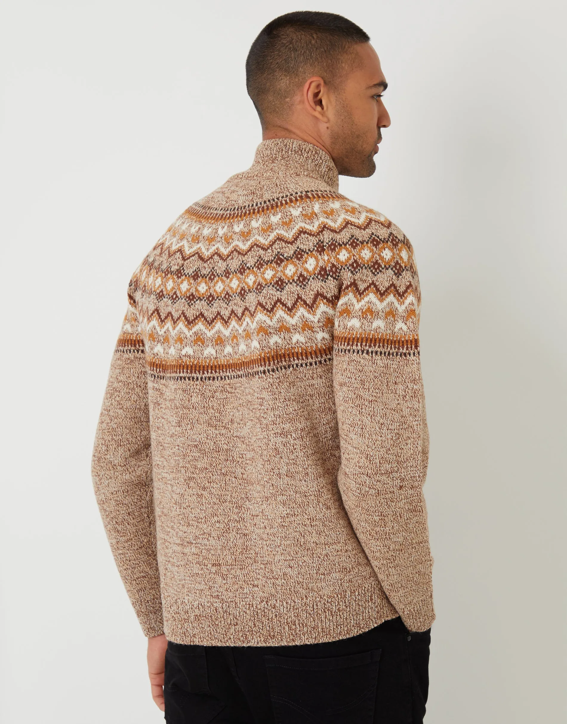 Taupe Fairisle Knitted Quarter Zip Jumper sold by Threadbare product image thumbnail 3