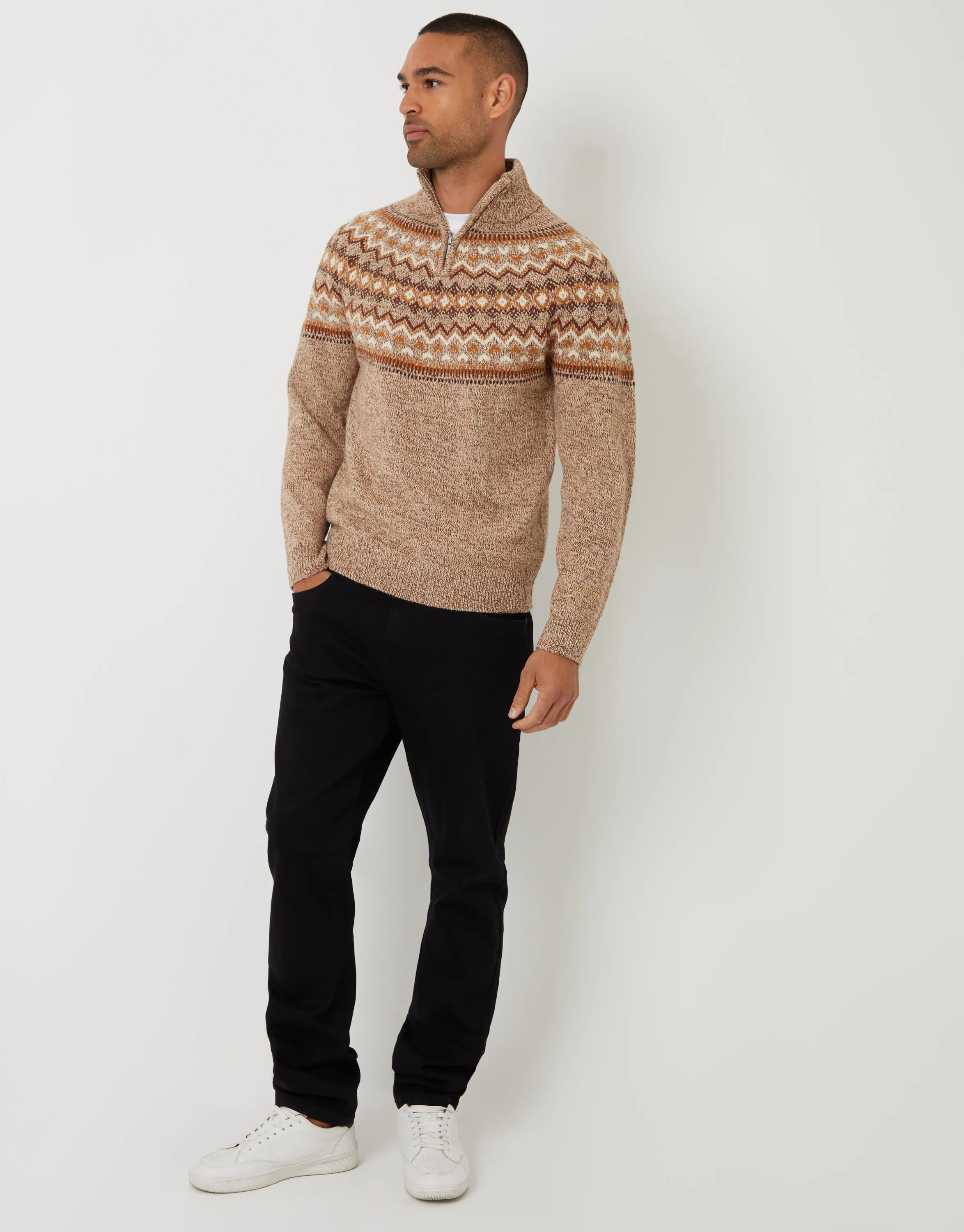 Taupe Fairisle Knitted Quarter Zip Jumper sold by Threadbare product image thumbnail 4