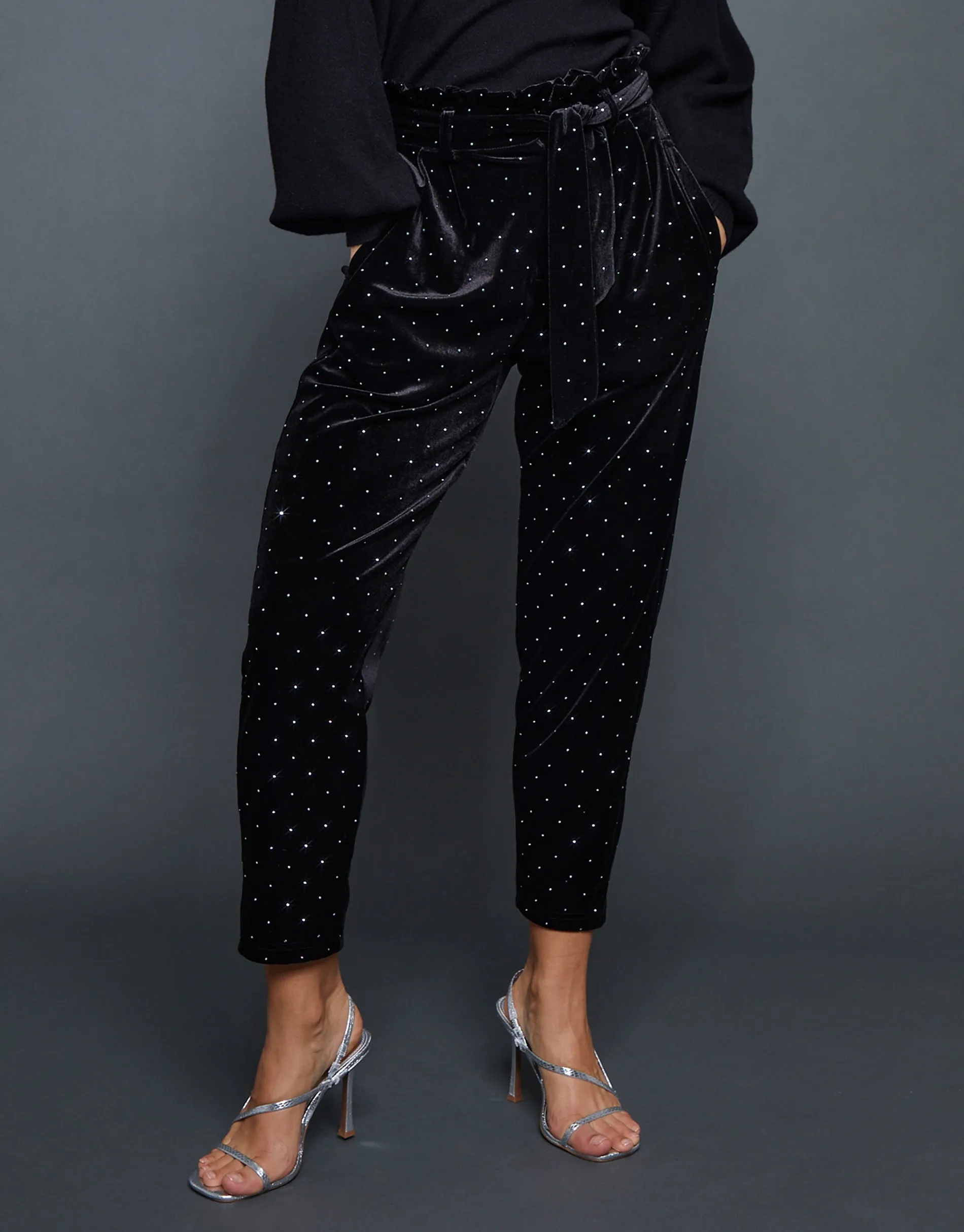 Black Velvet Hotfix Paperbag Waist Trousers sold by Threadbare product image thumbnail 3
