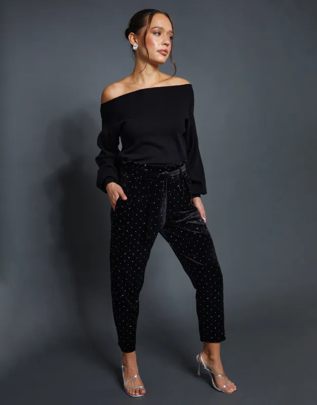Black Velvet Hotfix Paperbag Waist Trousers sold by Threadbare