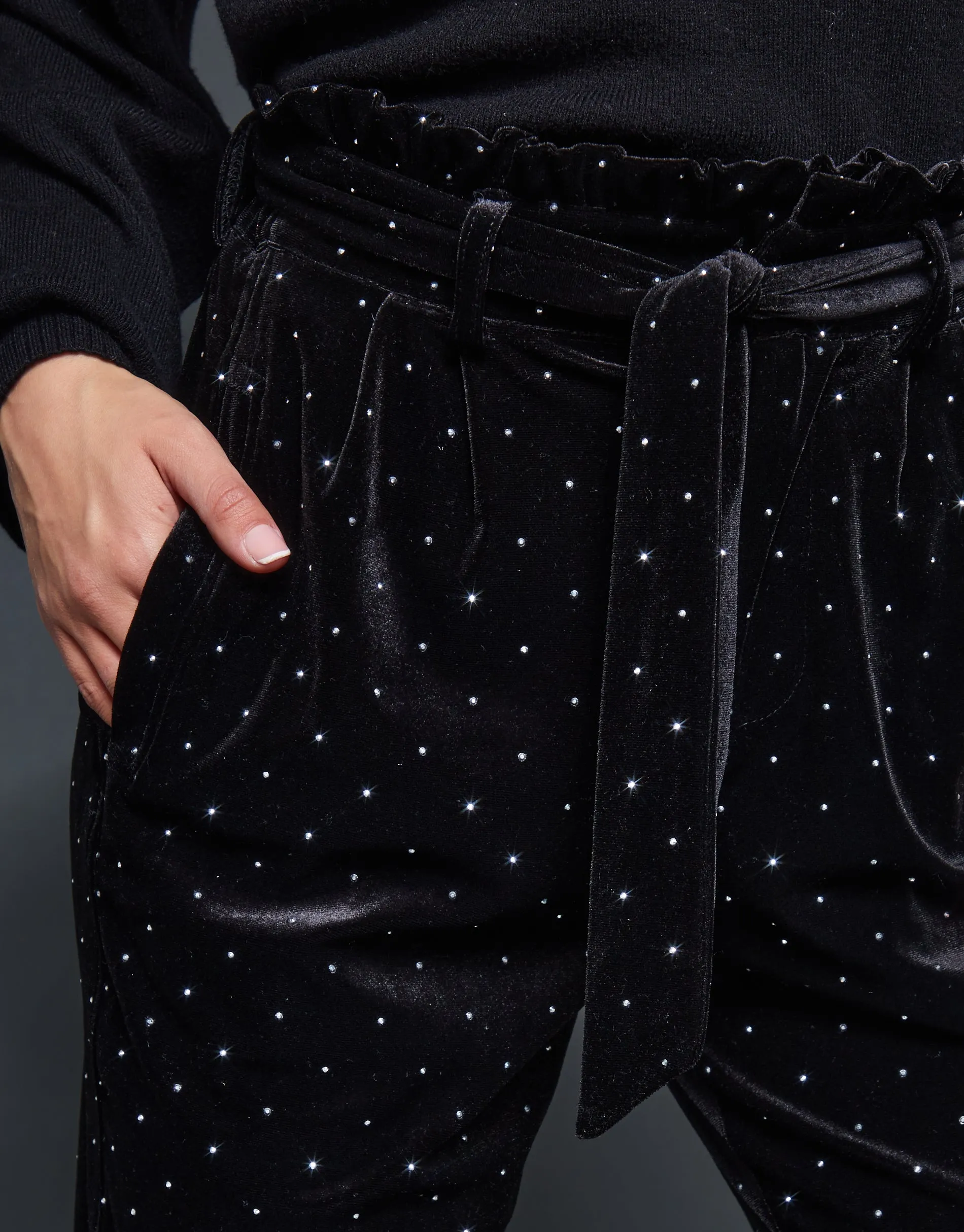 Black Velvet Hotfix Paperbag Waist Trousers sold by Threadbare product image thumbnail 2
