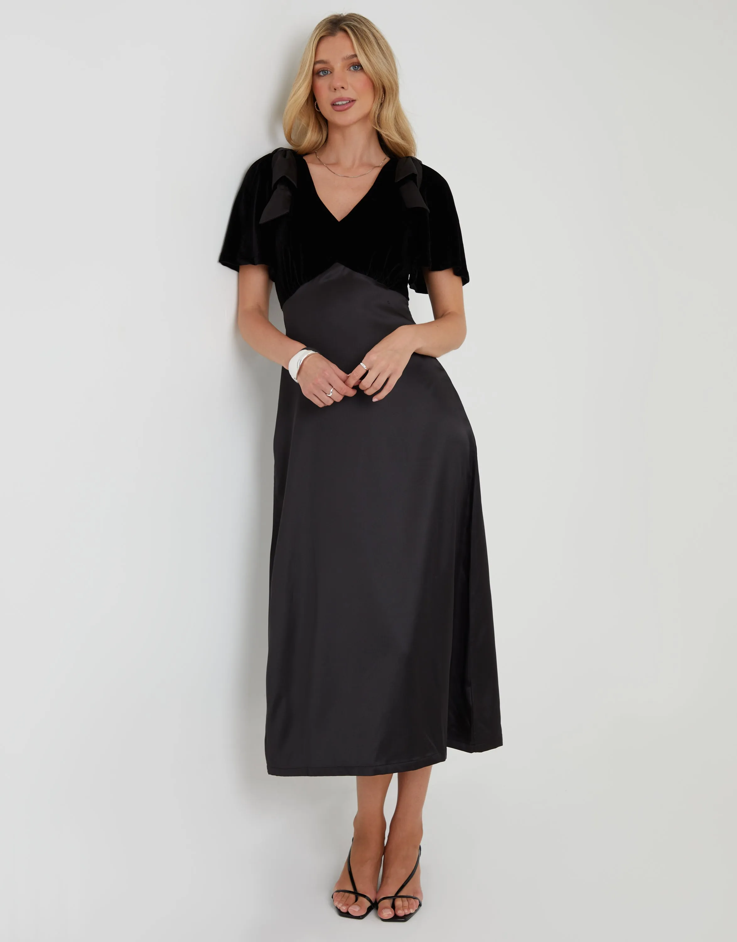 Black Velvet Satin Mix Flutter Sleeve Midi Dress sold by Threadbare product image thumbnail 3