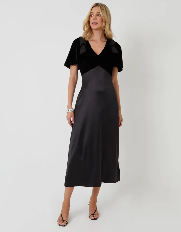 Black Velvet Satin Mix Flutter Sleeve Midi Dress sold by Threadbare