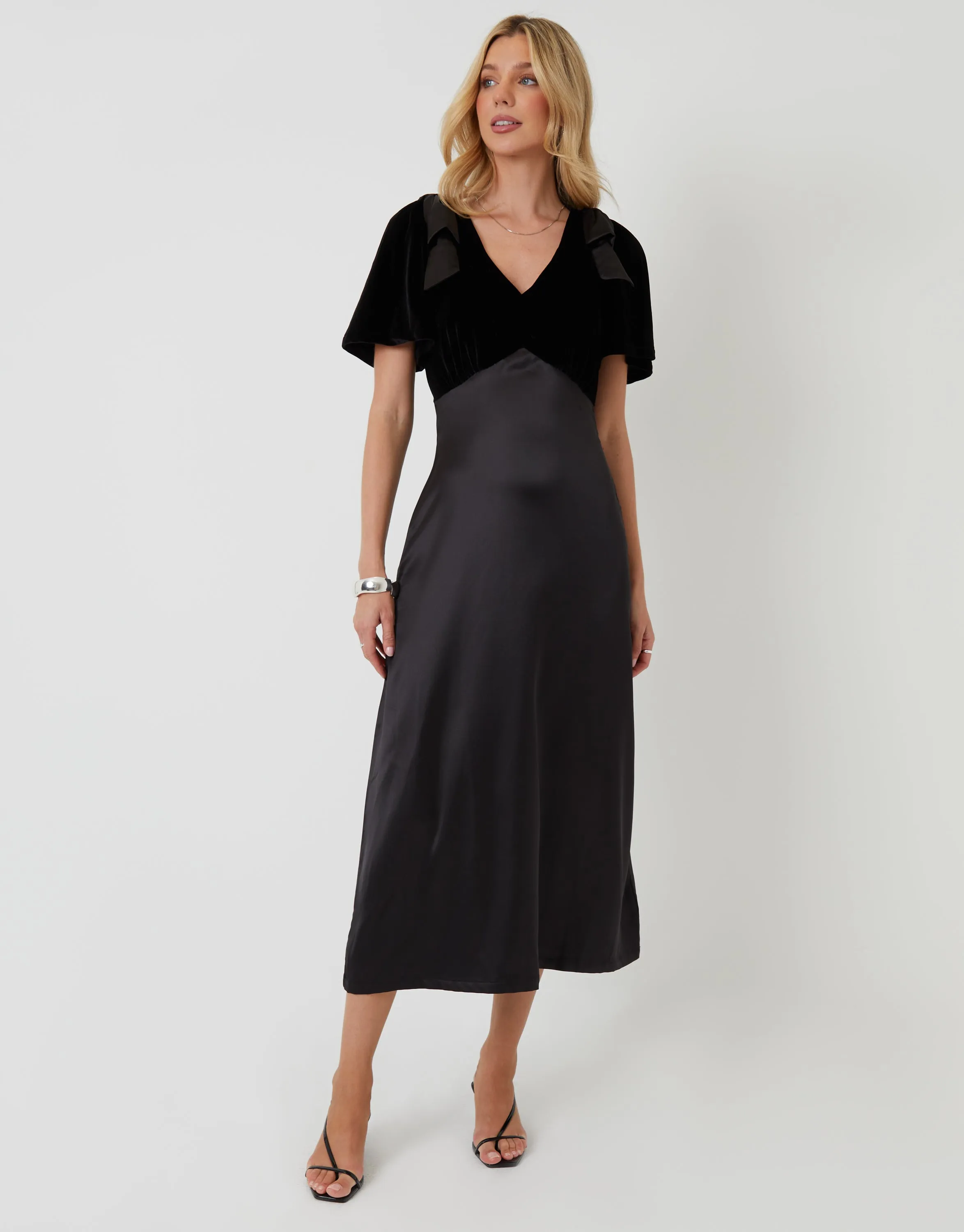 Black Velvet Satin Mix Flutter Sleeve Midi Dress sold by Threadbare
