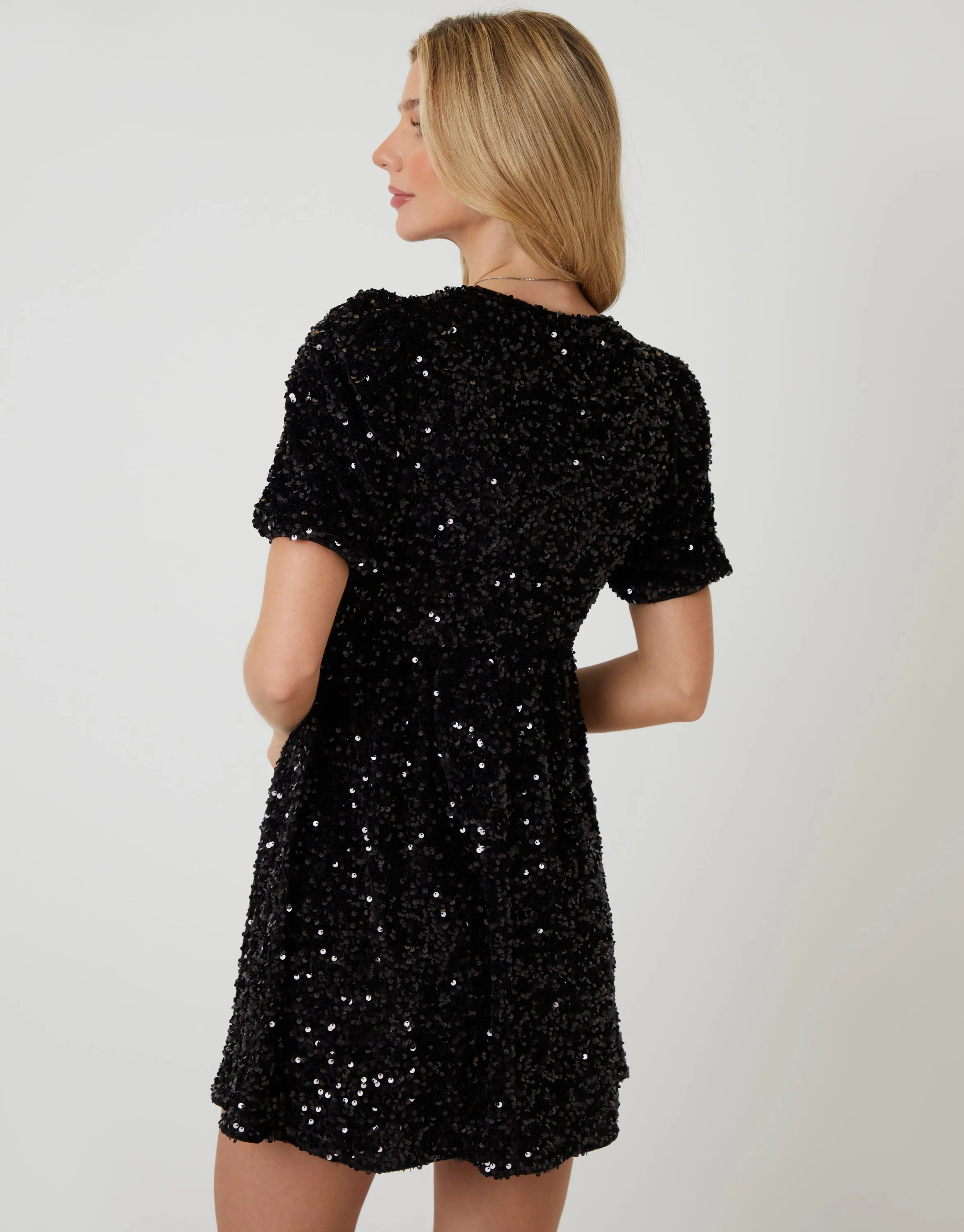 Black Sequin Velour Bow Detail Mini Dress sold by Threadbare product image thumbnail 3