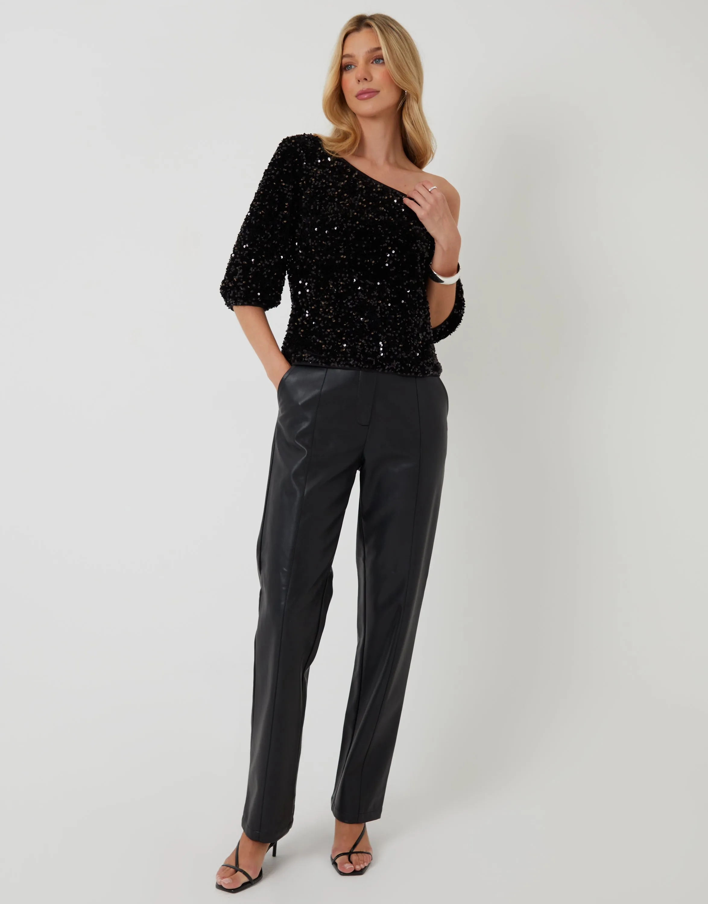 Black Sequin Velour Slash Neck Top sold by Threadbare product image thumbnail 4