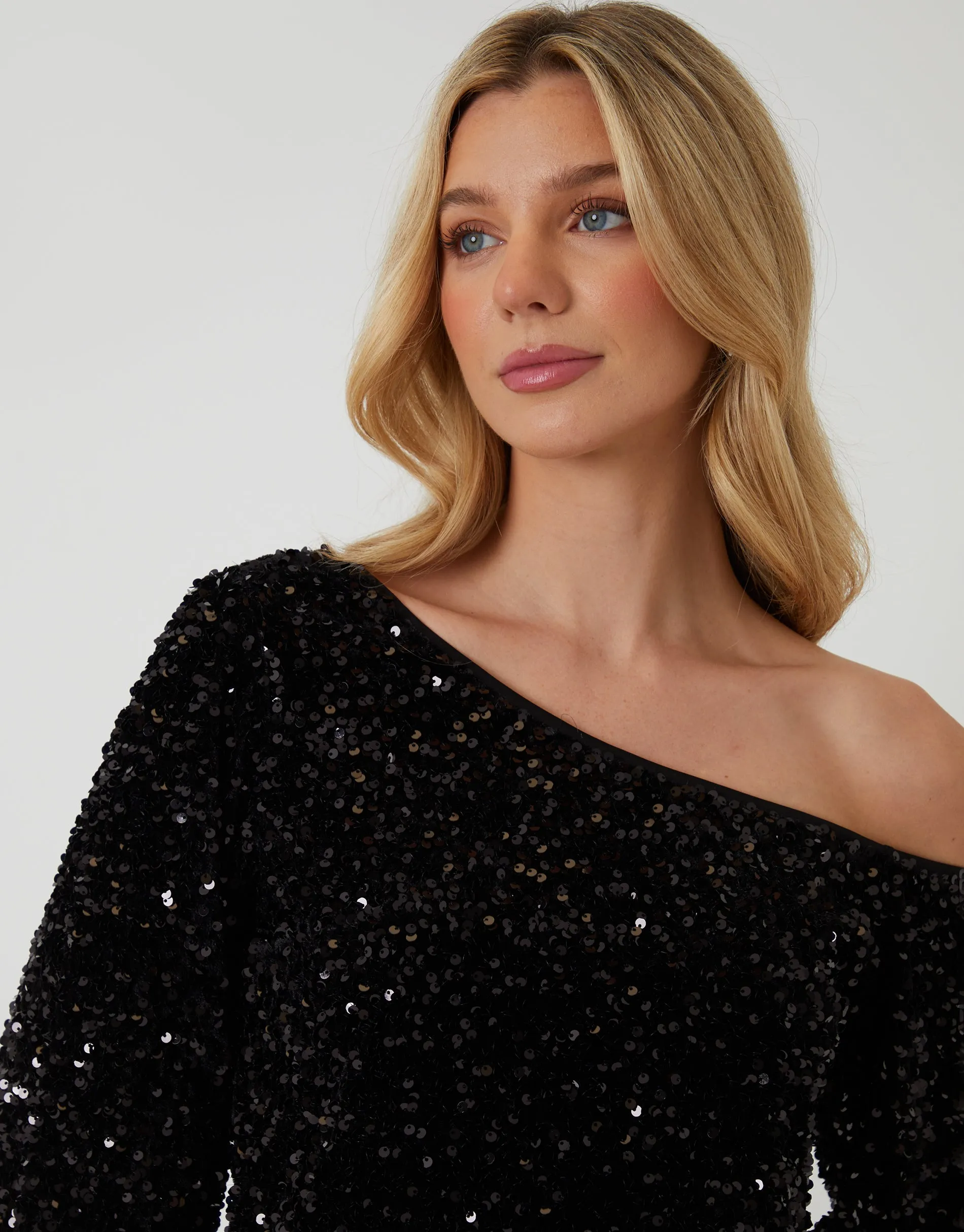 Black Sequin Velour Slash Neck Top sold by Threadbare product image thumbnail 5