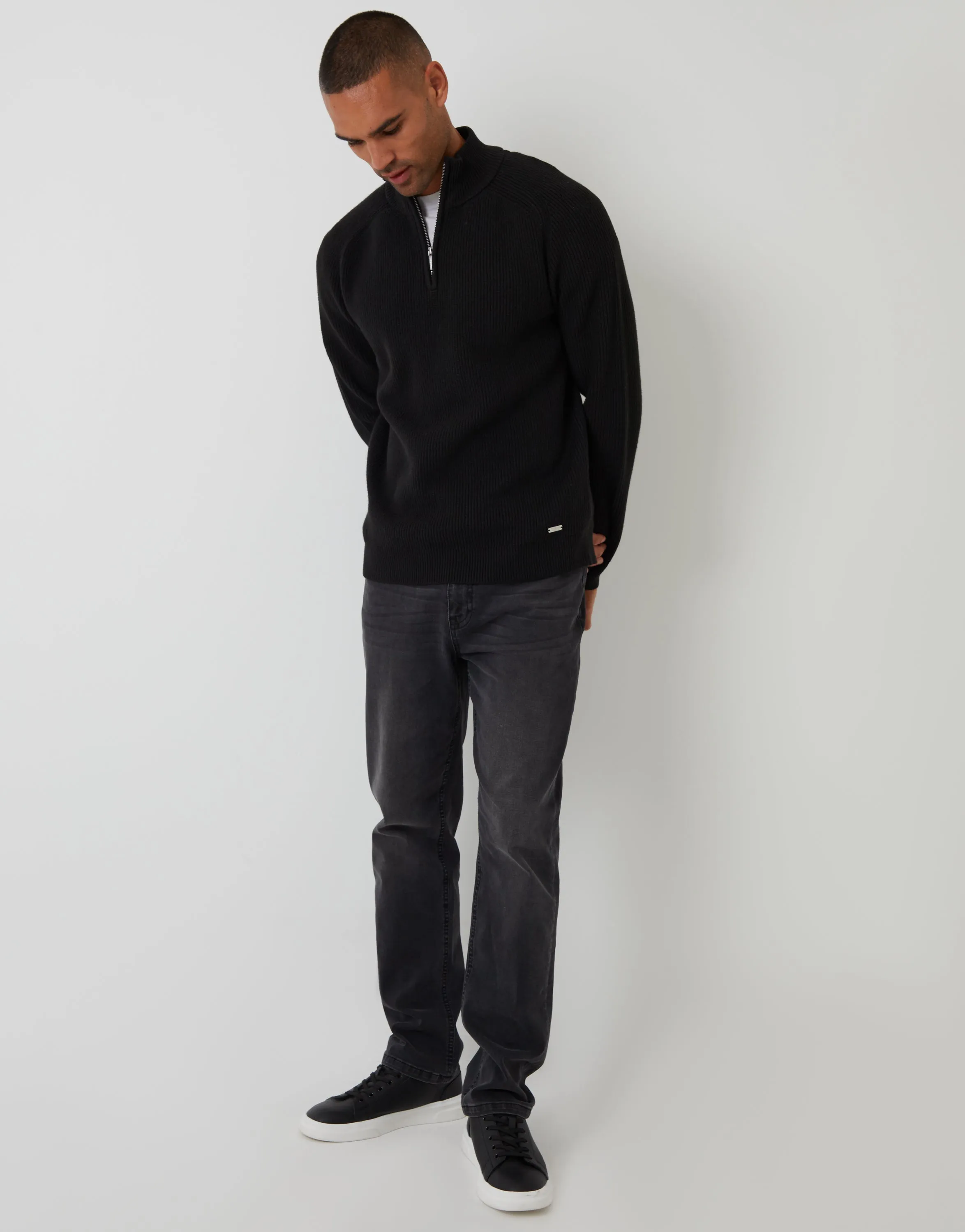 Black Rib Panel Quarter Zip Knitted Jumper sold by Threadbare product image thumbnail 3