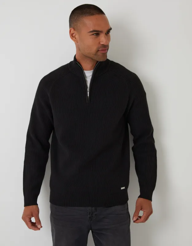Black Rib Panel Quarter Zip Knitted Jumper sold by Threadbare