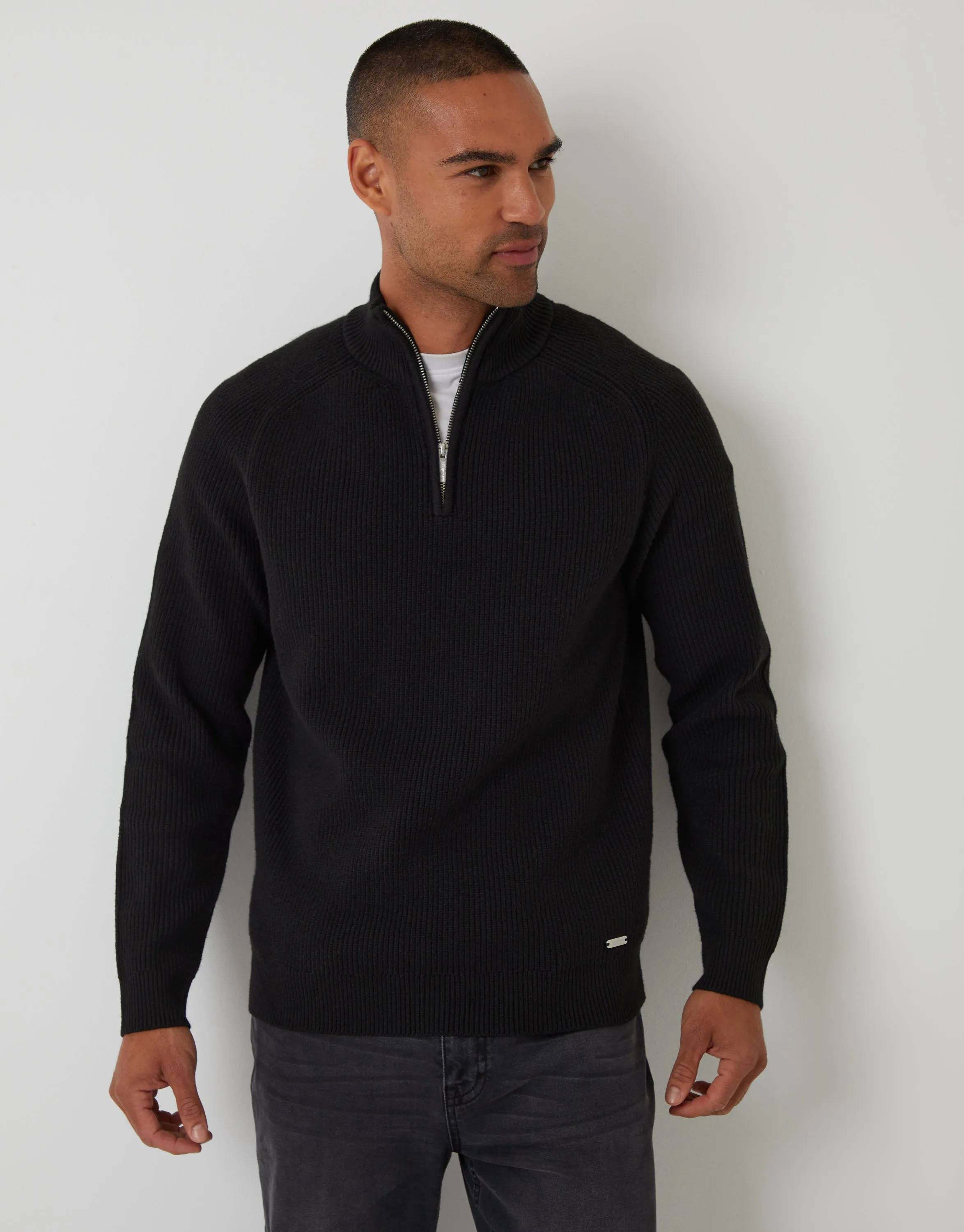 Black Rib Panel Quarter Zip Knitted Jumper sold by Threadbare