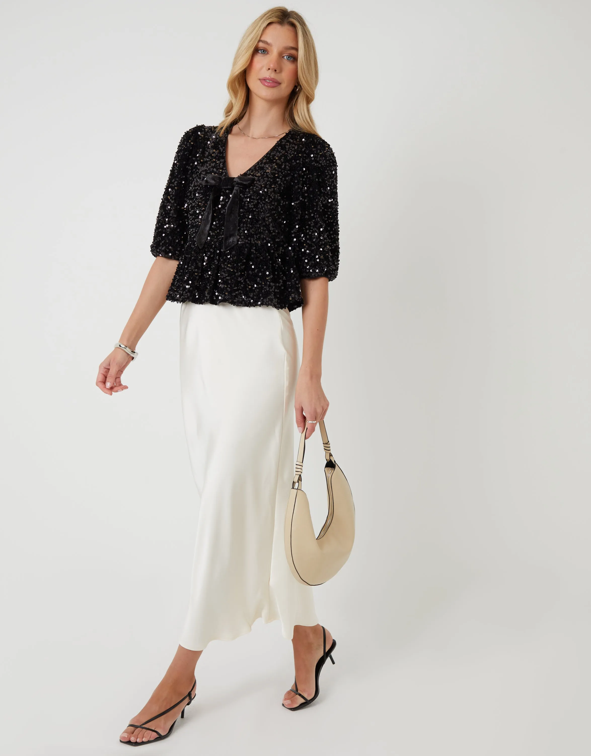 Black Sequin Velour Bow Detail Blouse sold by Threadbare product image thumbnail 4