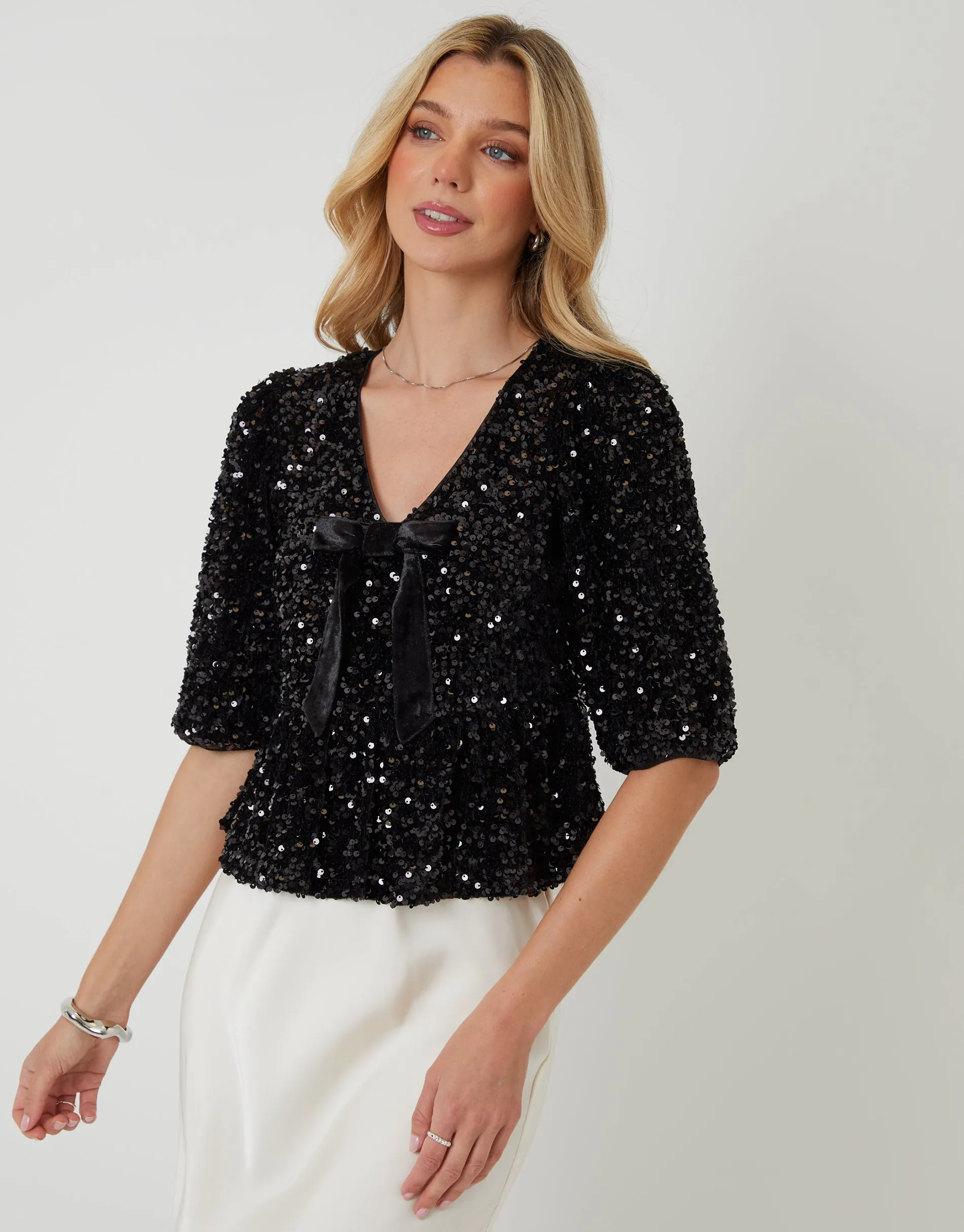 Black Sequin Velour Bow Detail Blouse sold by Threadbare product image thumbnail 2