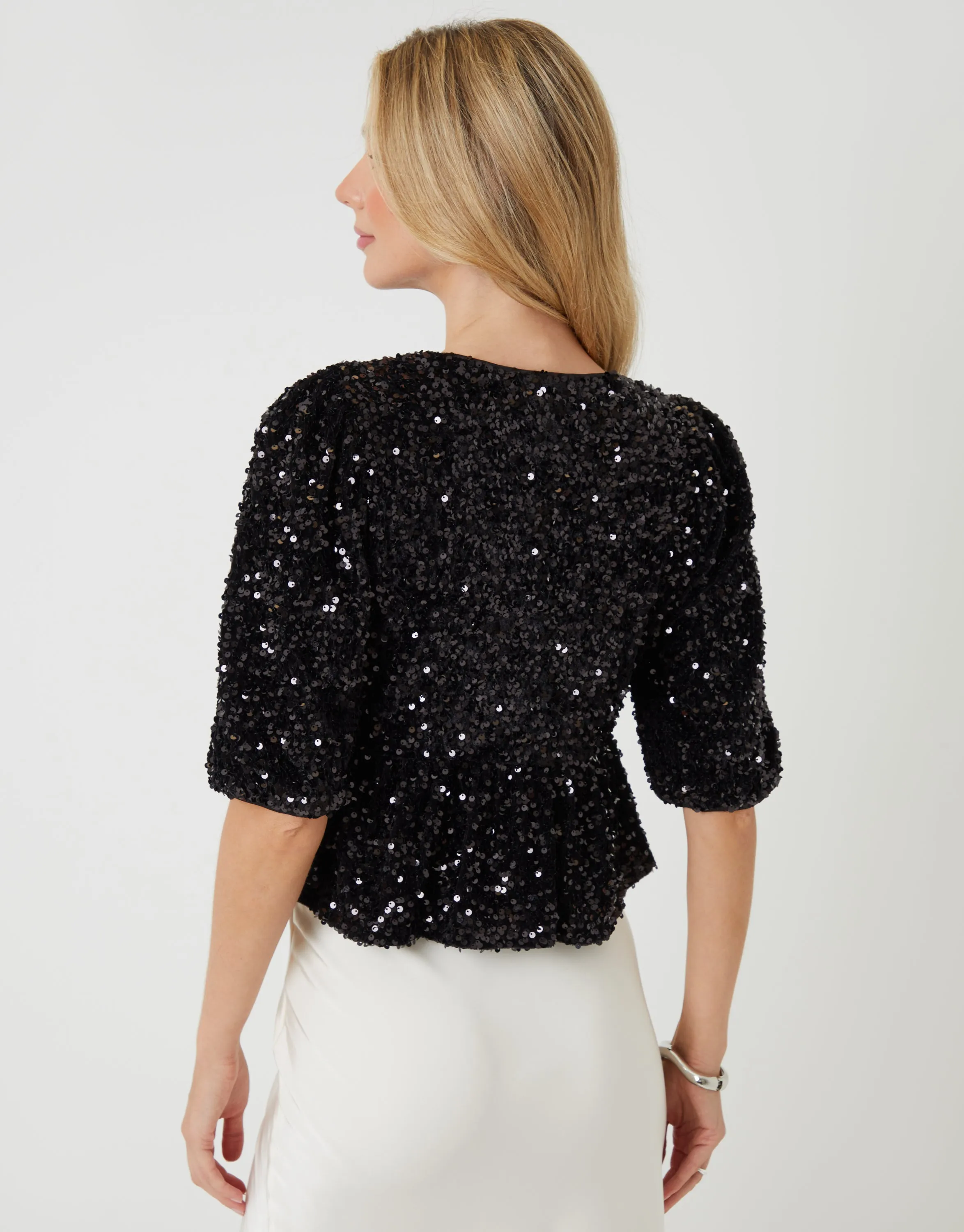 Black Sequin Velour Bow Detail Blouse sold by Threadbare product image thumbnail 3