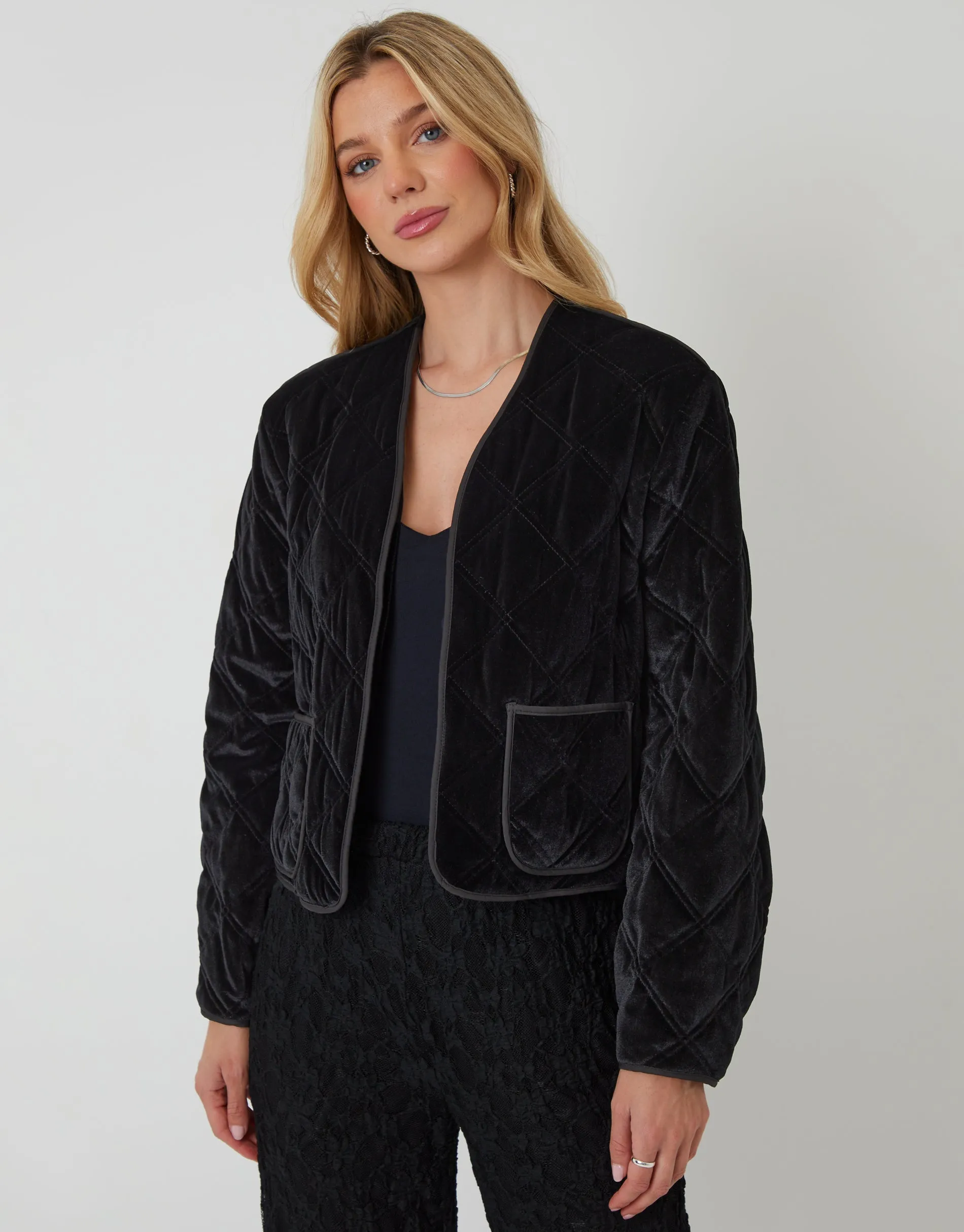 Black Diamond Quilted Velvet Jacket sold by Threadbare product image thumbnail 4