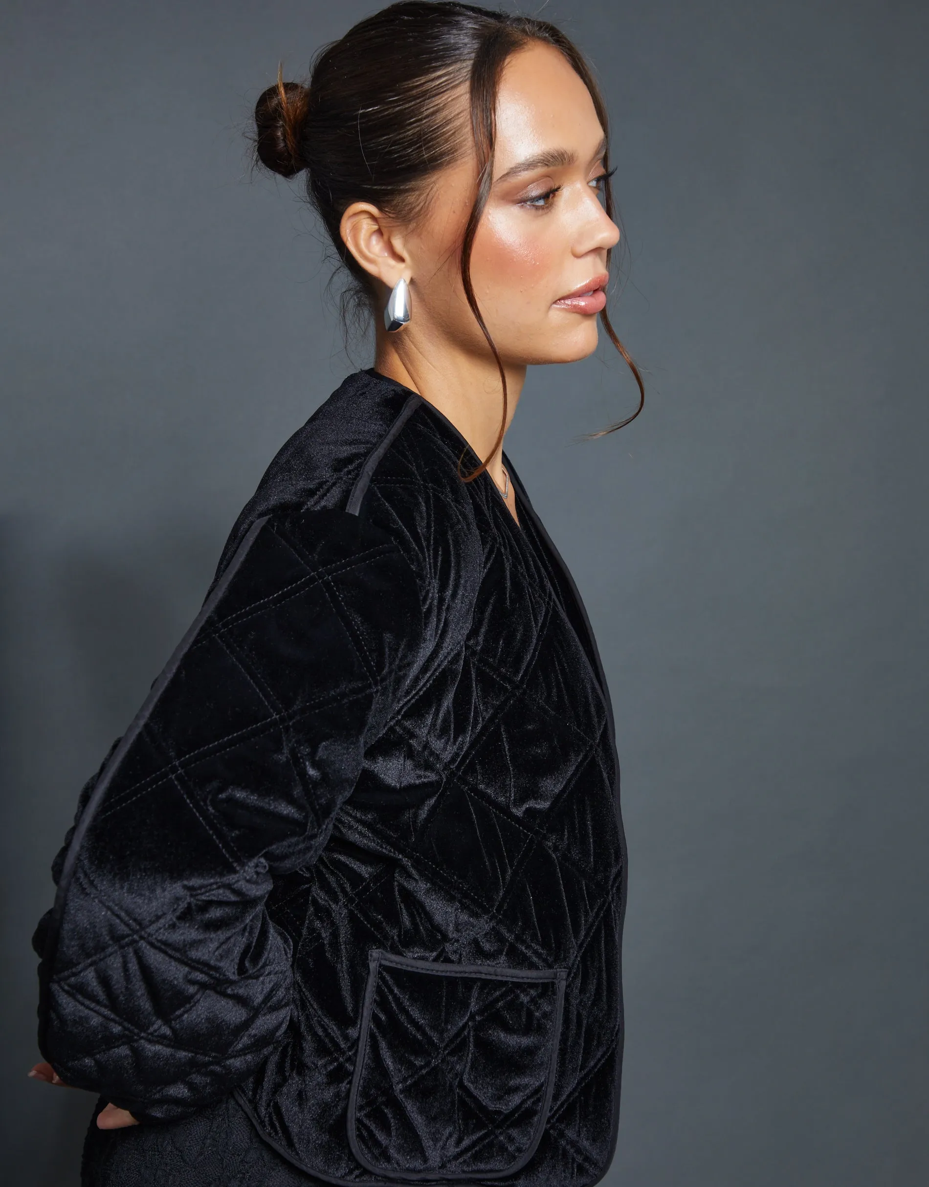 Black Diamond Quilted Velvet Jacket sold by Threadbare