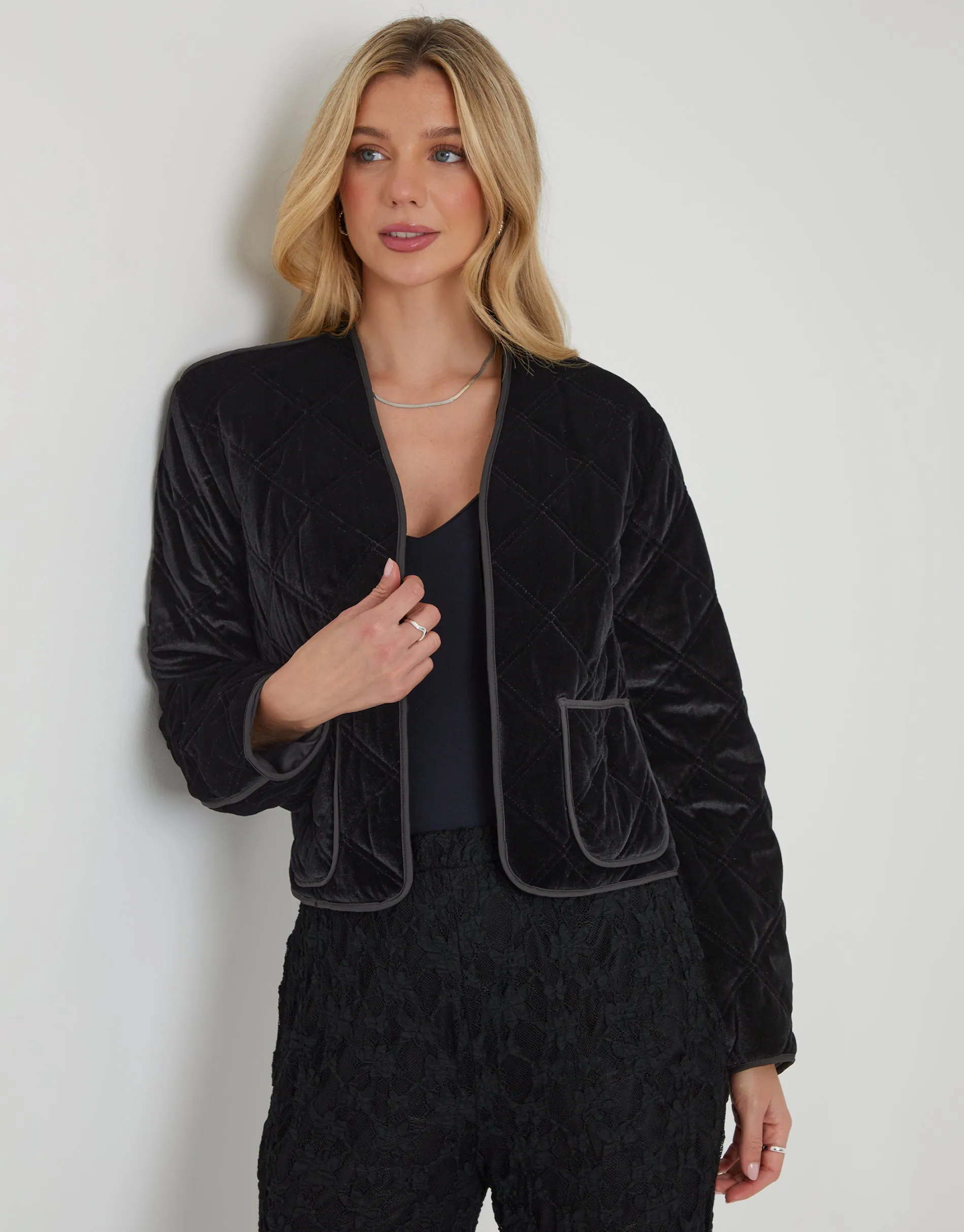 Black Diamond Quilted Velvet Jacket sold by Threadbare product image thumbnail 2