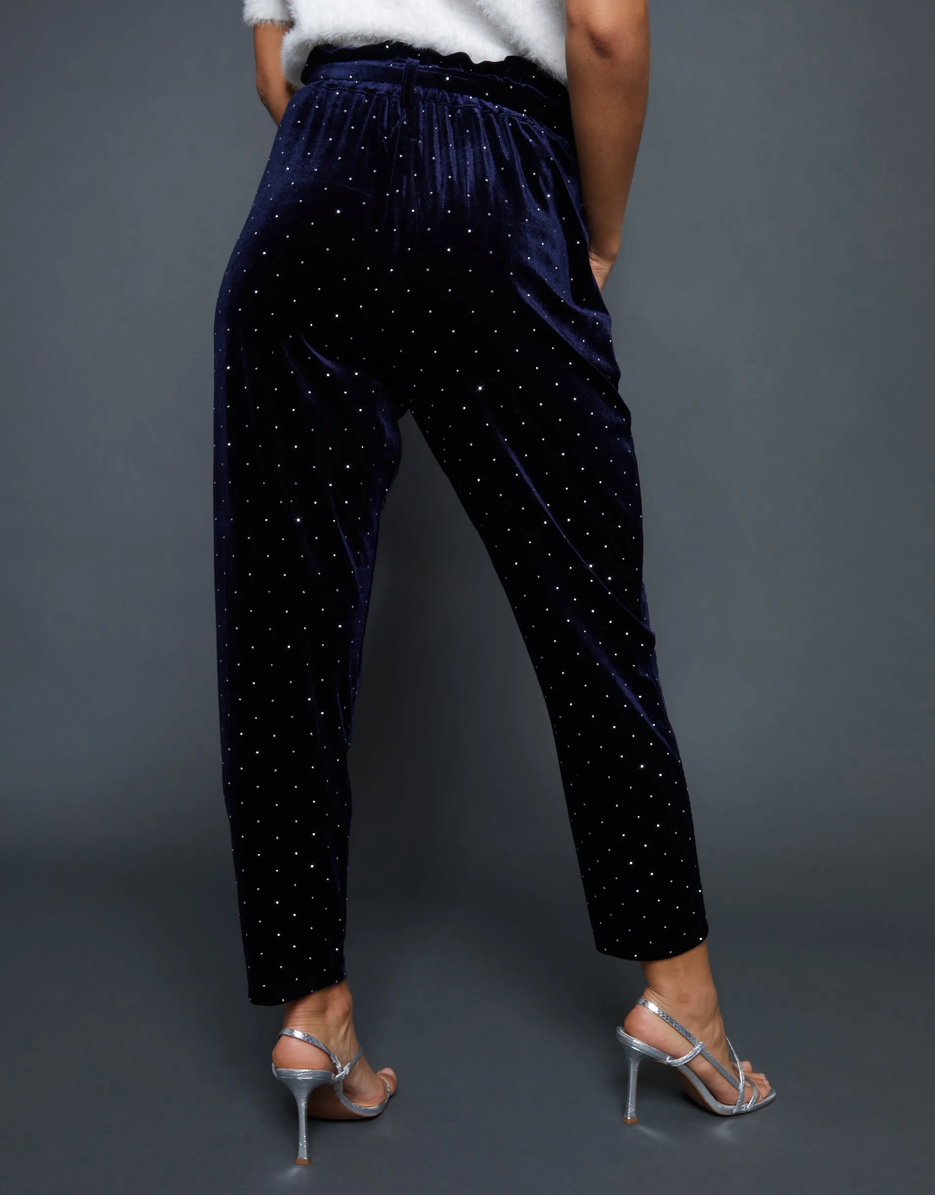 Navy Velvet Hotfix Paperbag Waist Trousers sold by Threadbare product image thumbnail 4