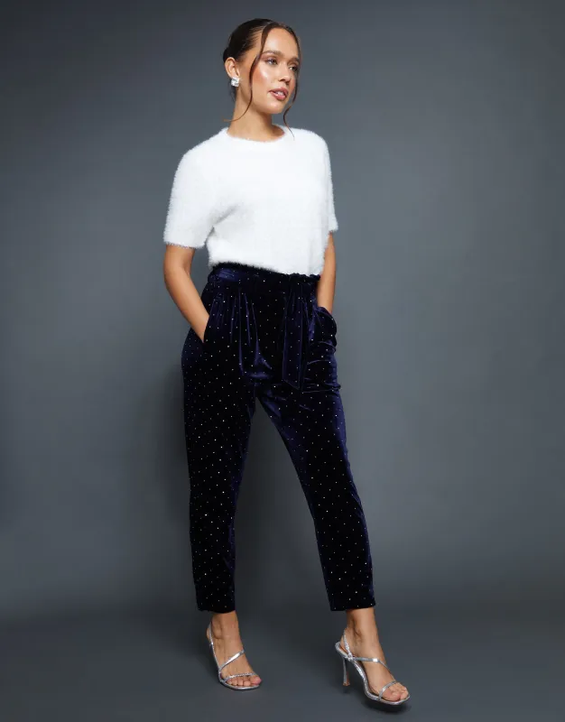 Navy Velvet Hotfix Paperbag Waist Trousers sold by Threadbare