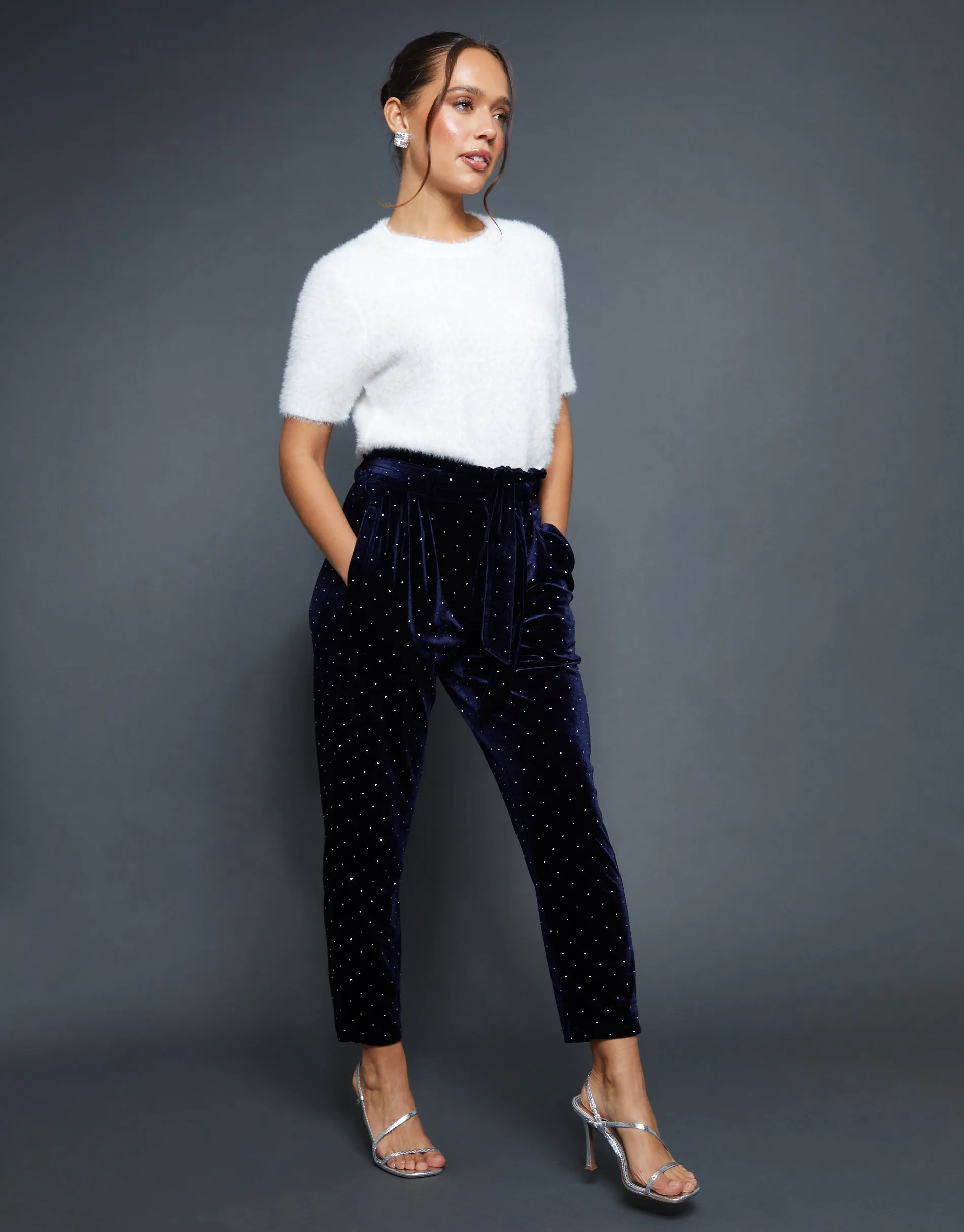 Navy Velvet Hotfix Paperbag Waist Trousers sold by Threadbare